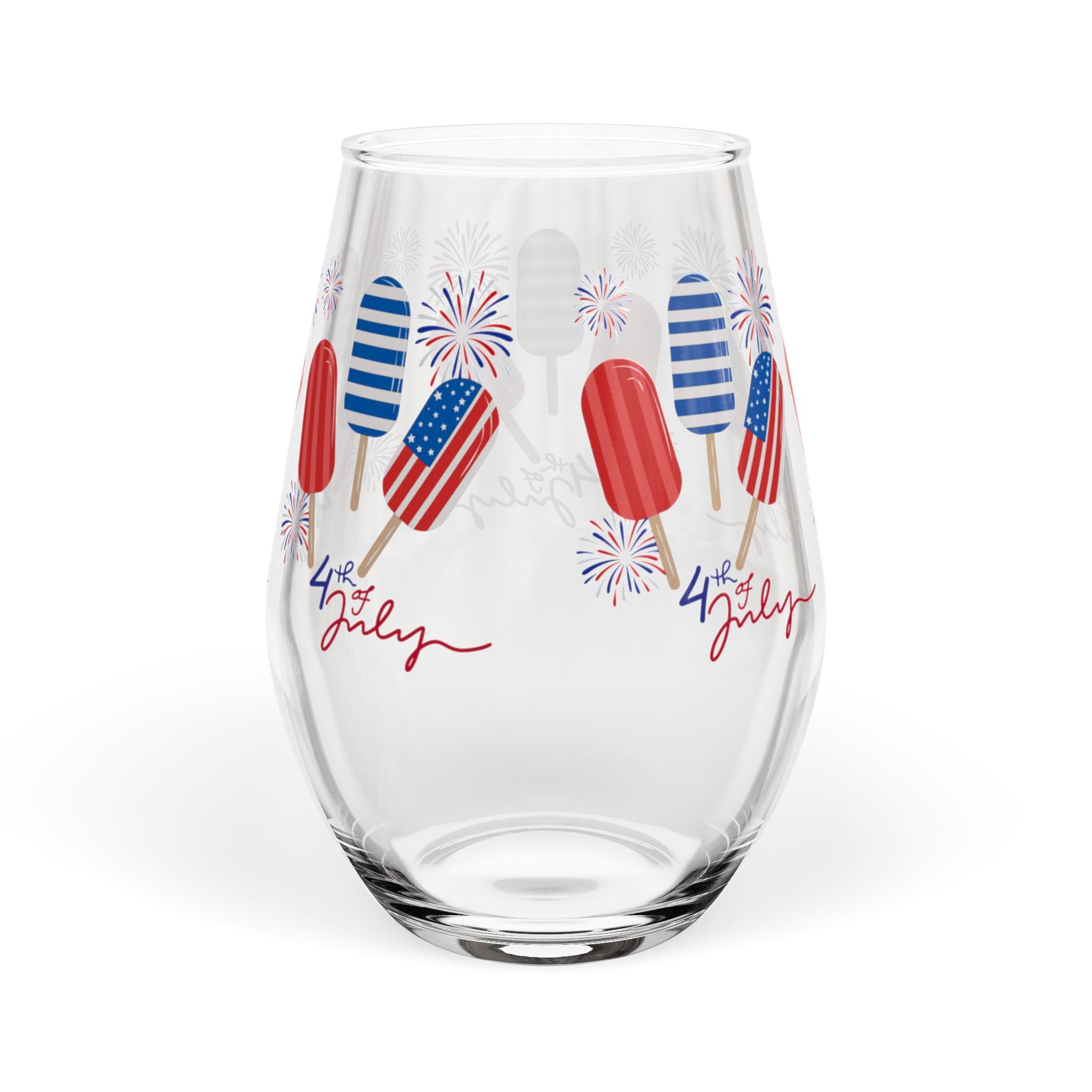 4th of July Stemless Wine Glass — Patriotic Popsicle Fireworks Design (11.75 oz)