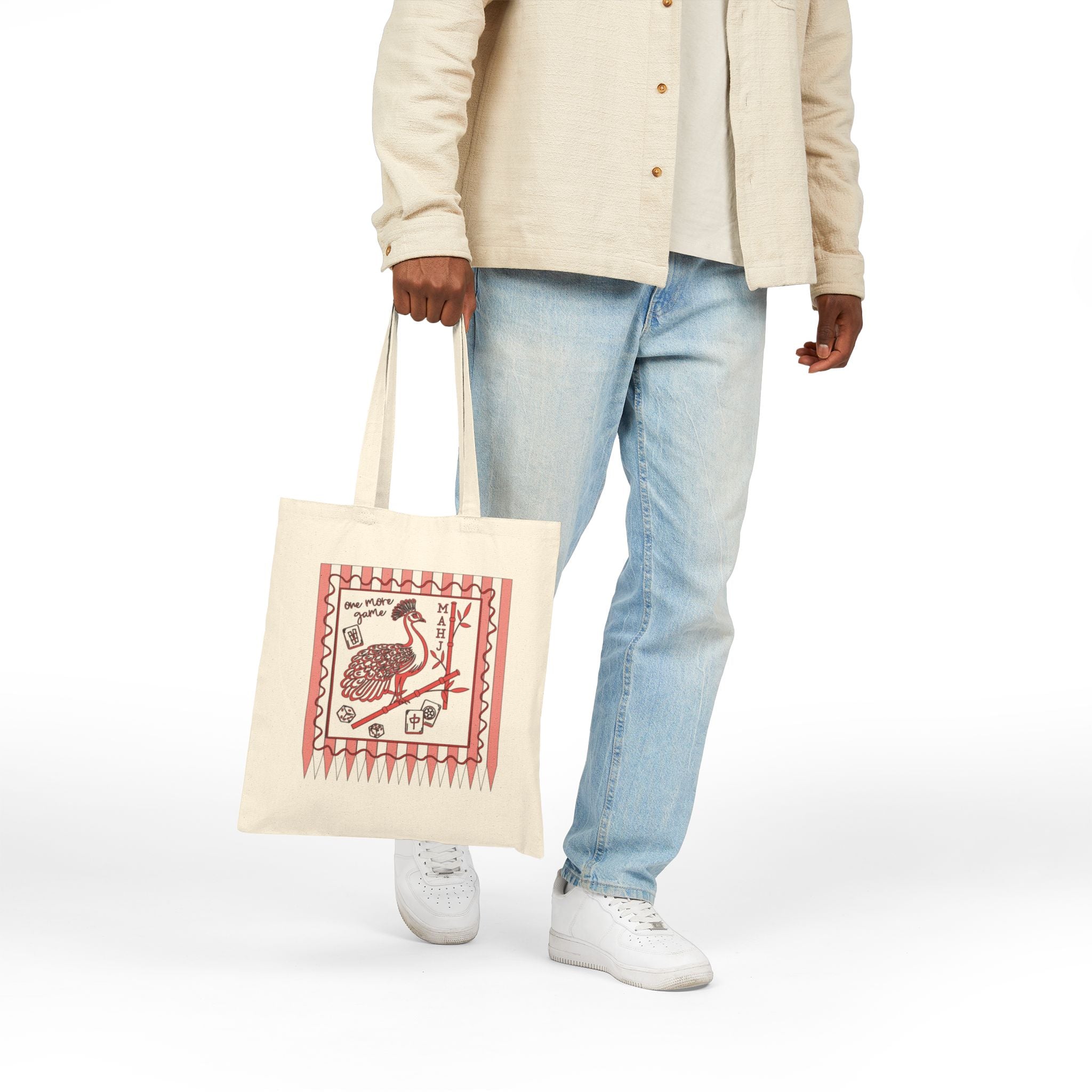 Mahjong One More Game Canvas Tote Bag — Mahjong Peacock and Bamboo