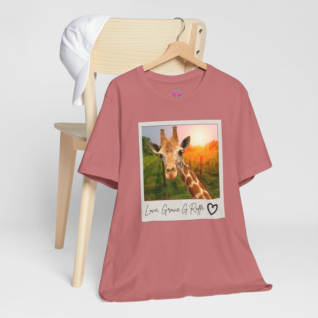 Giraffe Polaroid Photo Tee — "Love, Gracie G.Raffe" Graphic T-Shirt