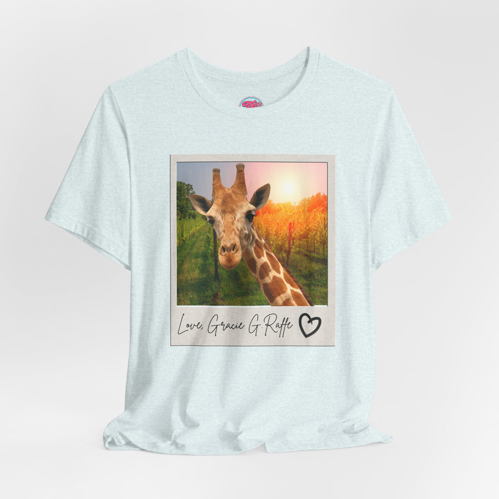 Giraffe Polaroid Photo Tee — "Love, Gracie G.Raffe" Graphic T-Shirt