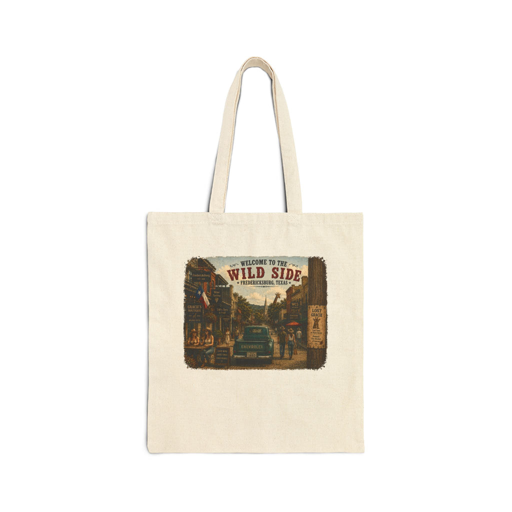 Vintage Road Trip Canvas Tote — "Welcome to the Wild Side" & Fredericksburg, Texas Scenic Print