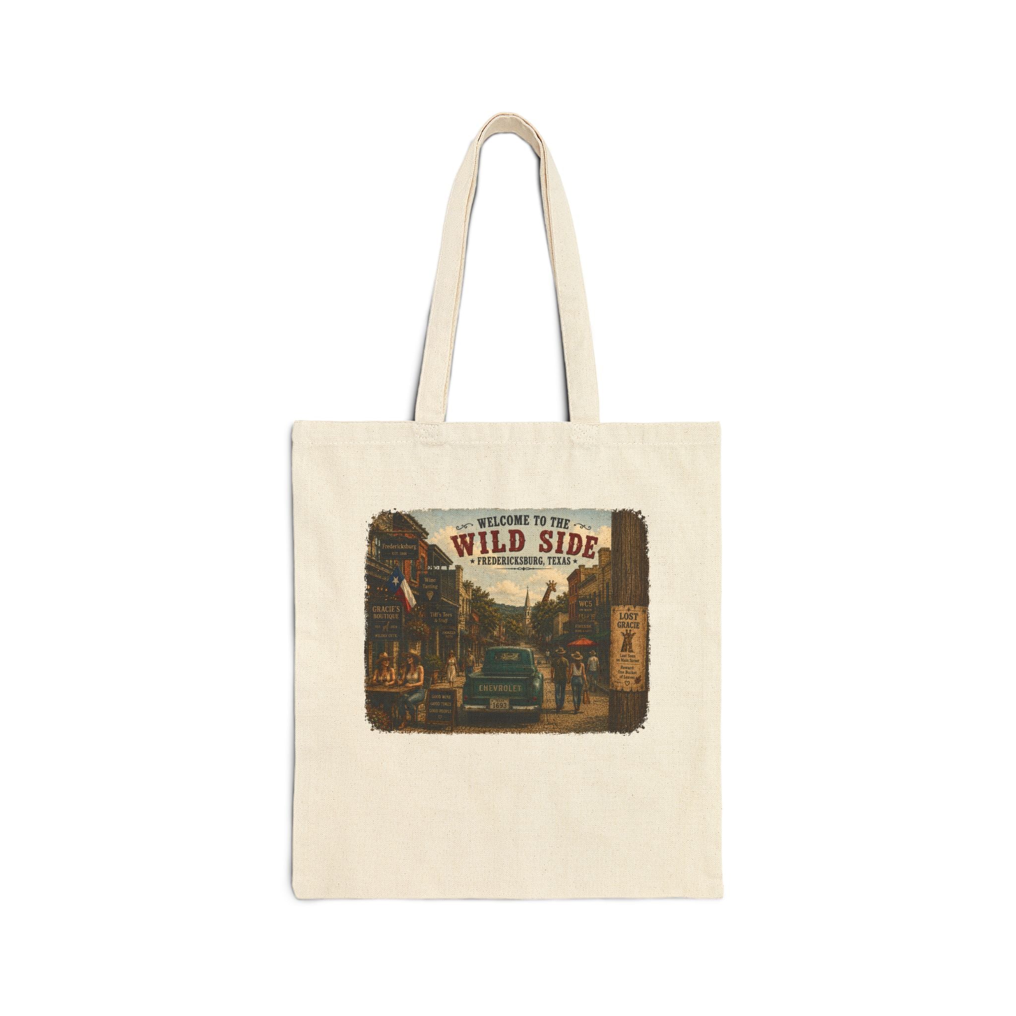 Vintage Road Trip Canvas Tote — "Welcome to the Wild Side" & Fredericksburg, Texas Scenic Print