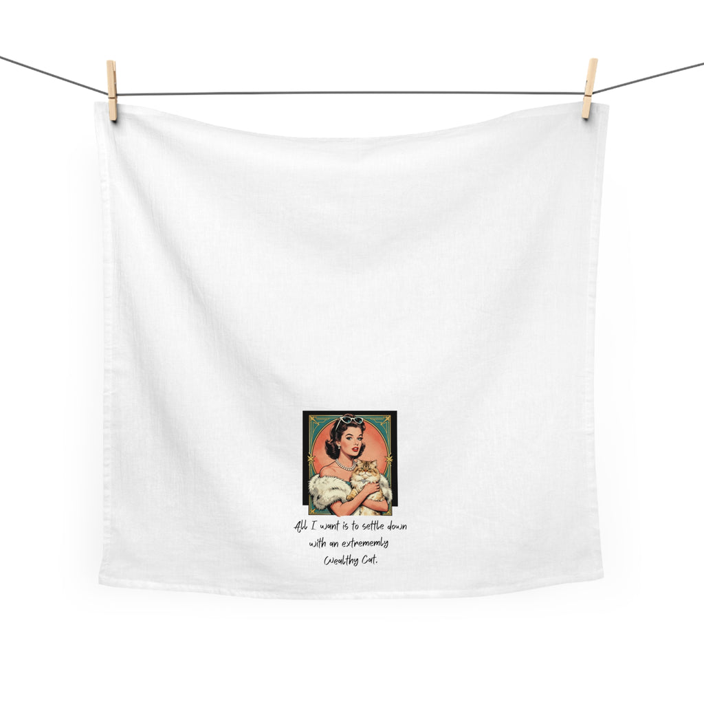 Vintage Woman & Cat Tea Towel – "All I want is to settle down with an extremely wealthy cat"
