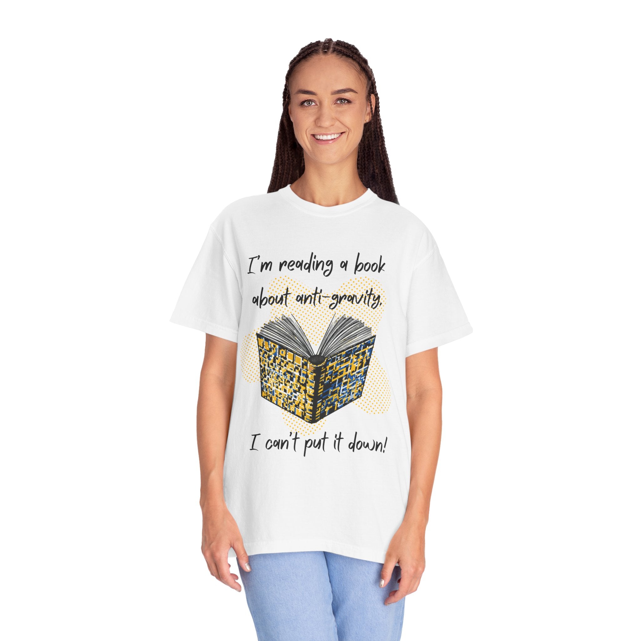 Funny Book Pun Dad Joke T-Shirt — "I’m reading a book about anti-gravity. I can’t put it down!" Novelty Book Lover Tee - Dad Jokes
