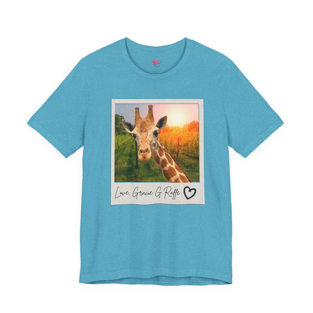 Giraffe Polaroid Photo Tee — "Love, Gracie G.Raffe" Graphic T-Shirt