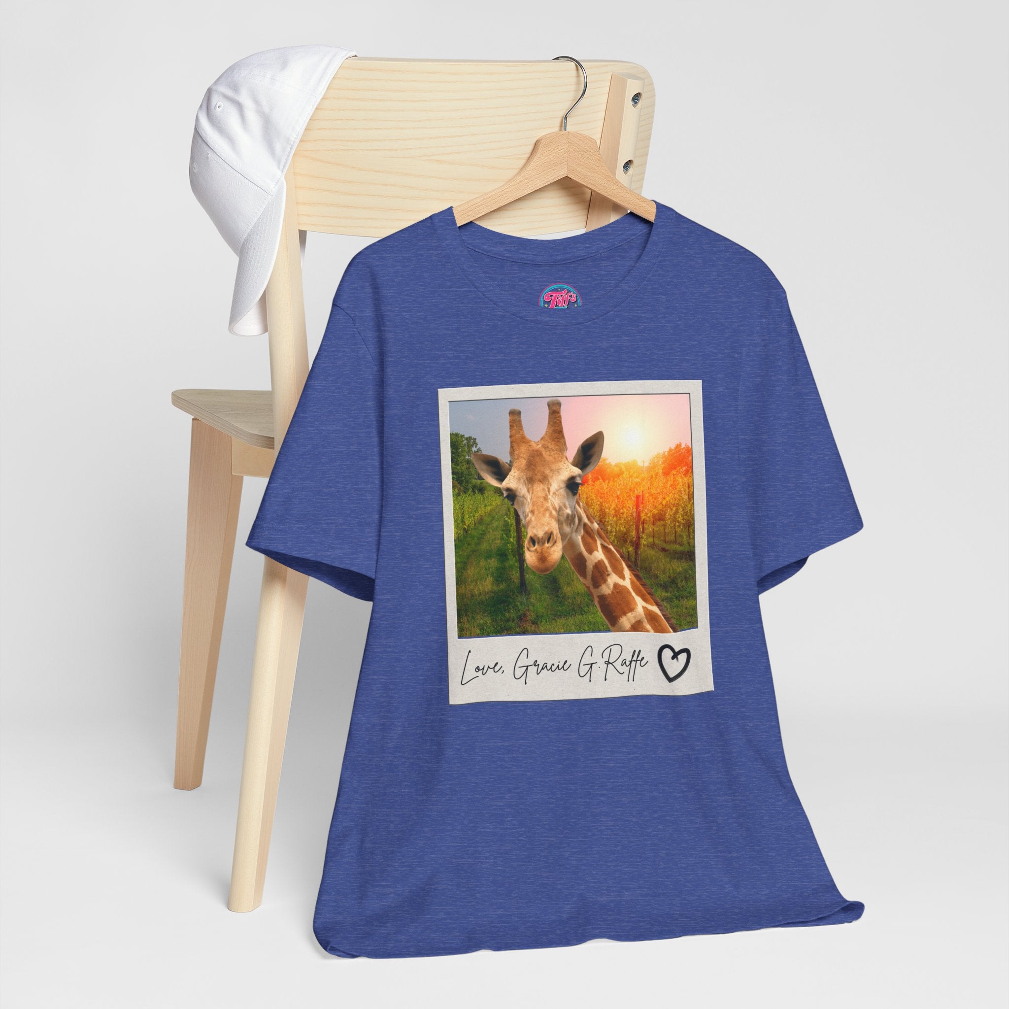 Giraffe Polaroid Photo Tee — "Love, Gracie G.Raffe" Graphic T-Shirt