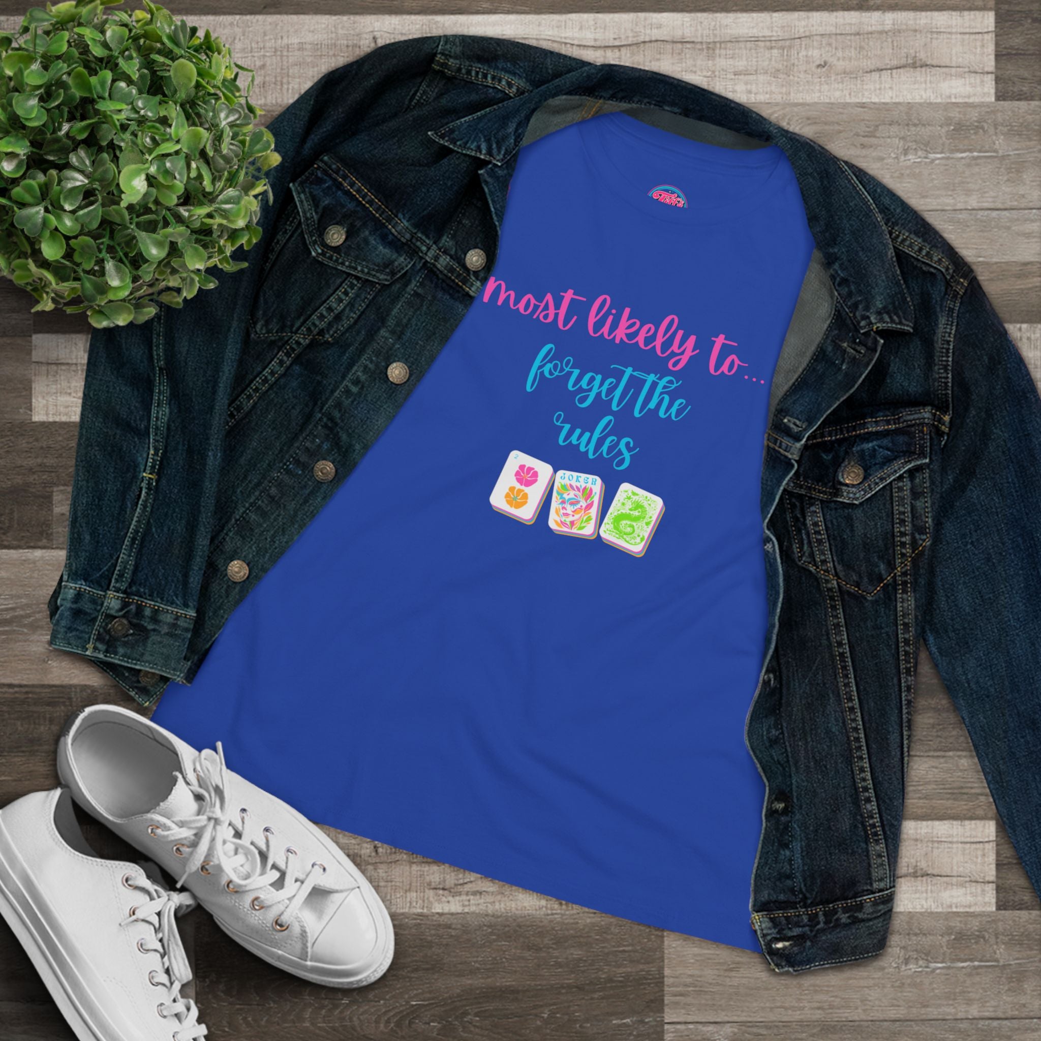 Mahjong Women's Tee — "Most Likely to Forget the Rules" Colorful Mahjong Tile Graphic