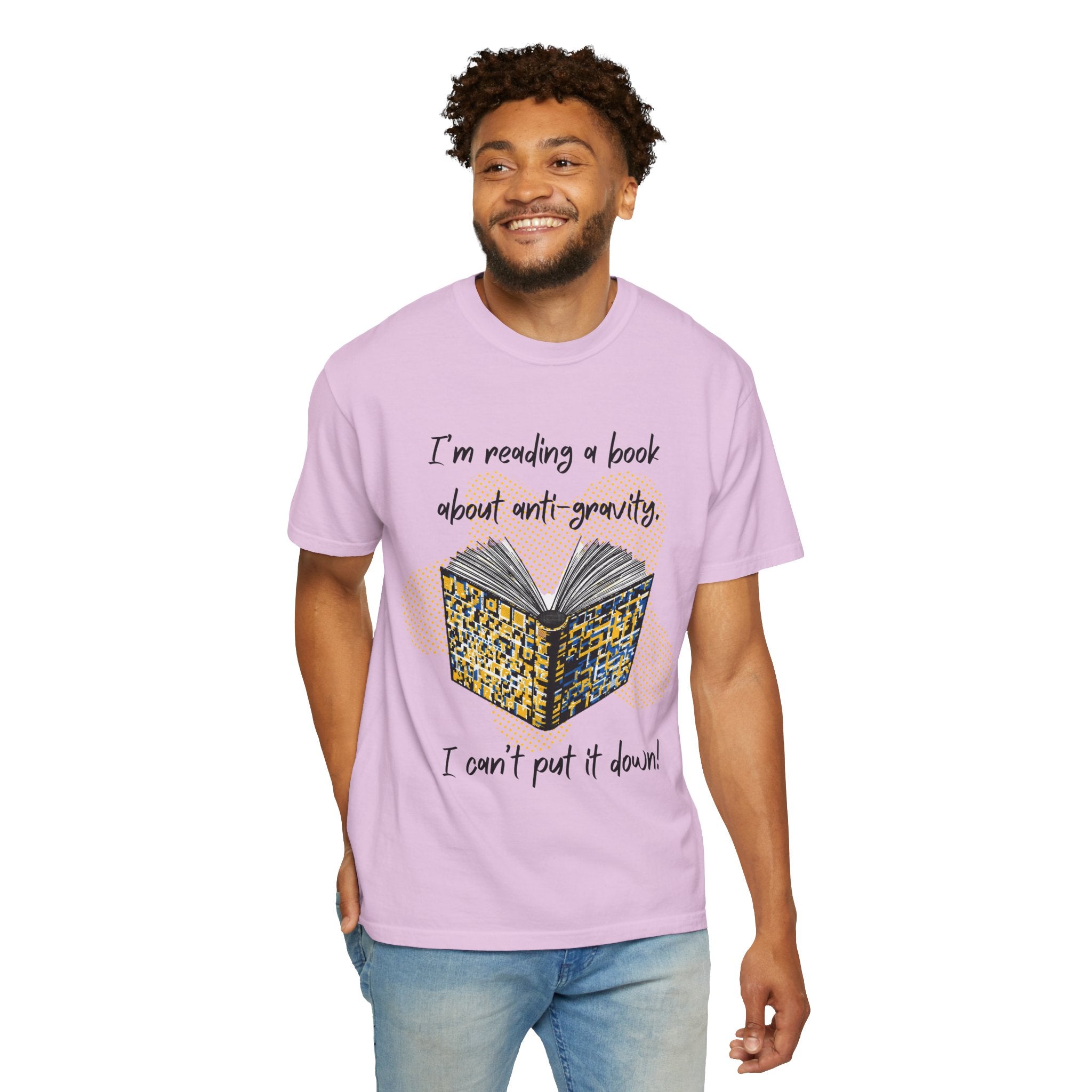 Funny Book Pun Dad Joke T-Shirt — "I’m reading a book about anti-gravity. I can’t put it down!" Novelty Book Lover Tee - Dad Jokes