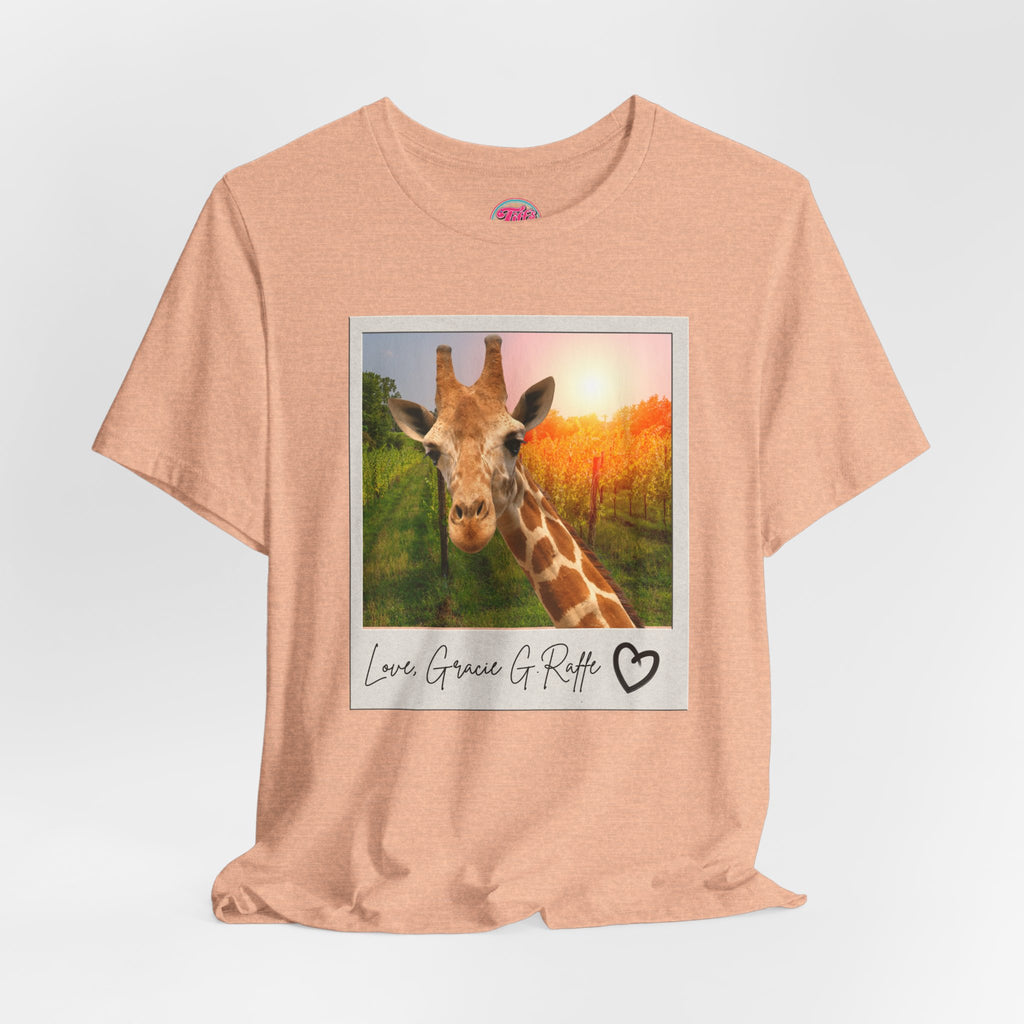 Giraffe Polaroid Photo Tee — "Love, Gracie G.Raffe" Graphic T-Shirt