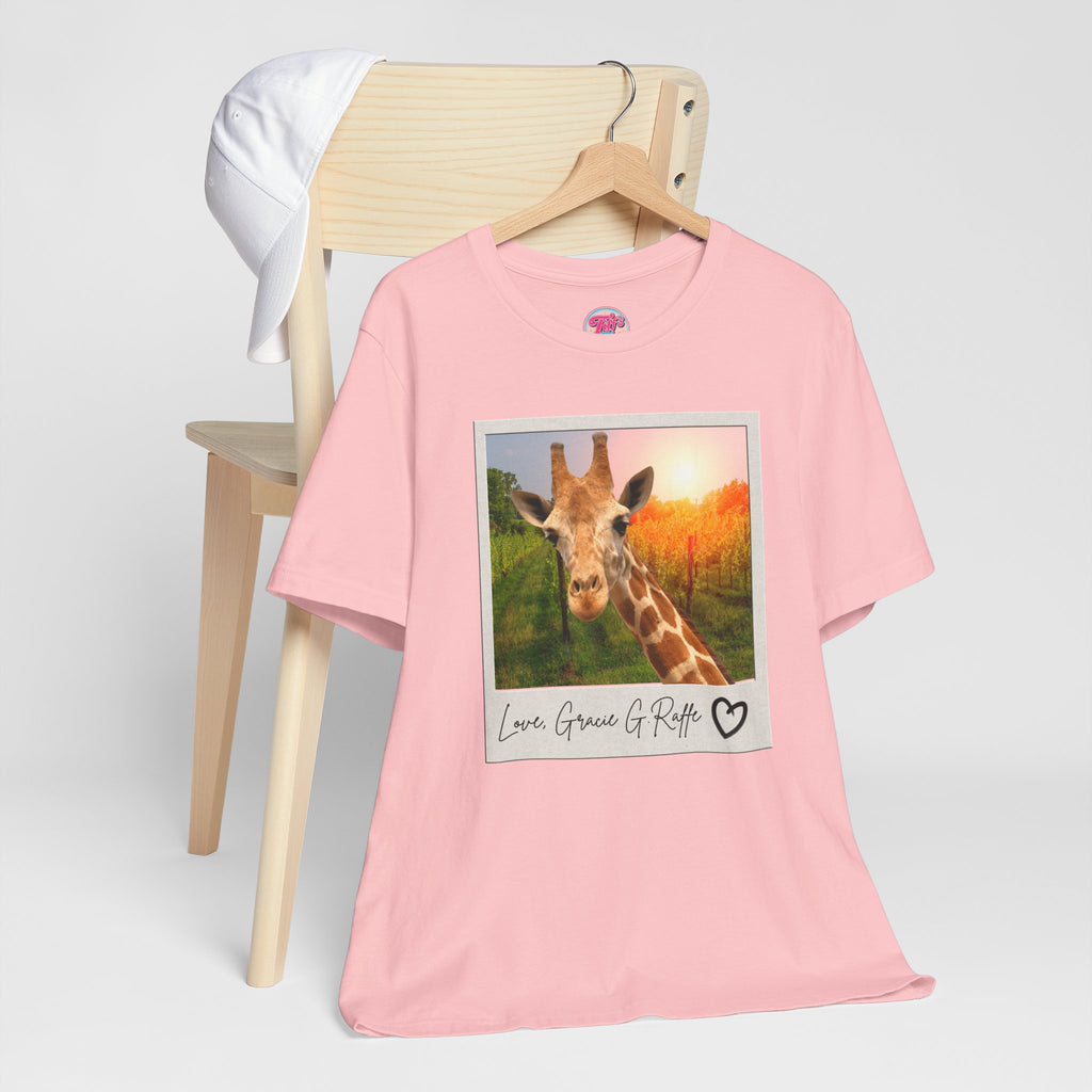Giraffe Polaroid Photo Tee — "Love, Gracie G.Raffe" Graphic T-Shirt
