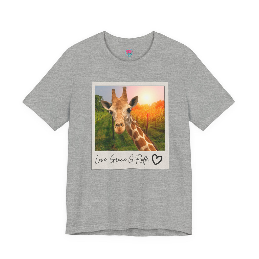Giraffe Polaroid Photo Tee — "Love, Gracie G.Raffe" Graphic T-Shirt
