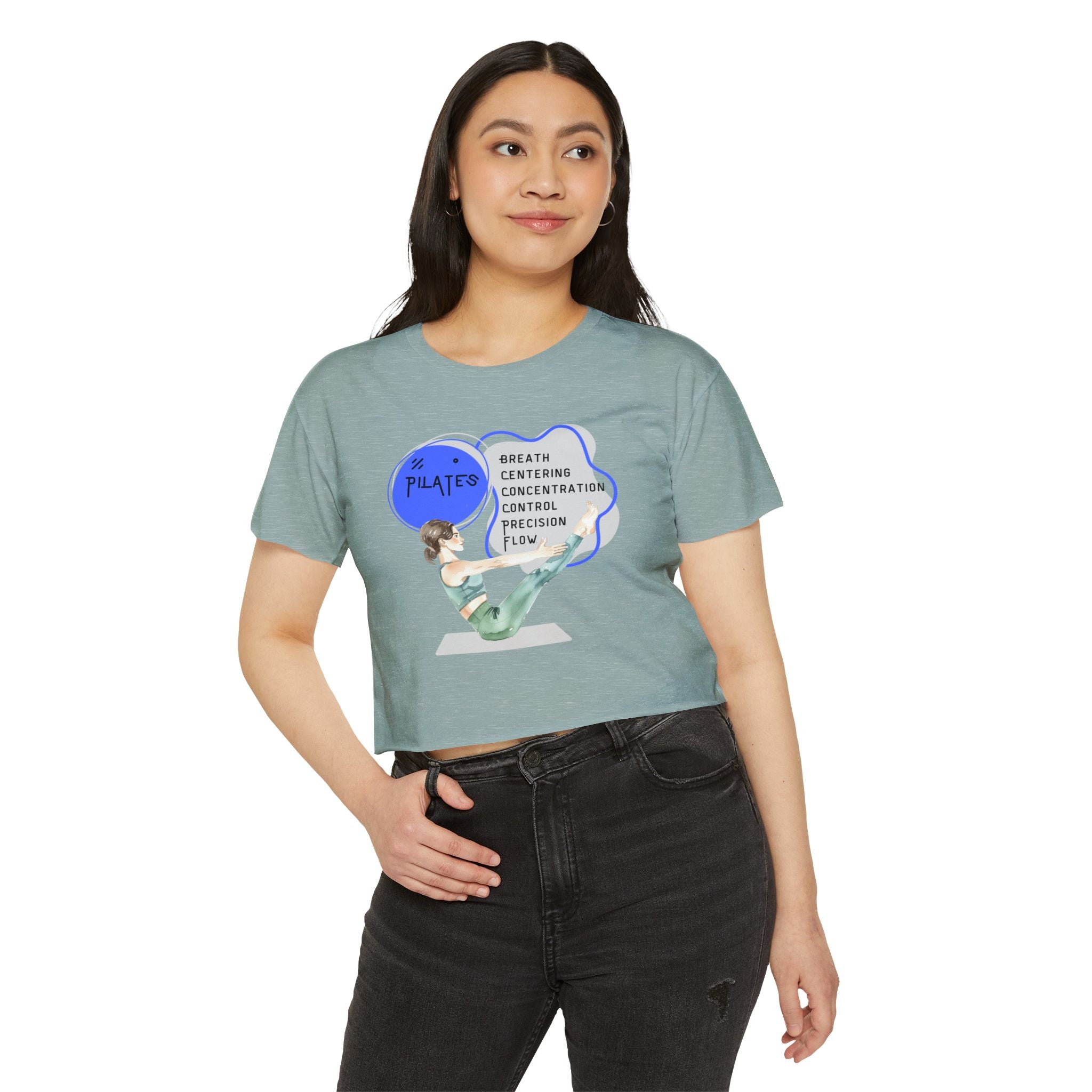 Pilates Women's Crop Top — 'Pilates' V-Sit Design with Breath • Control • Flow
