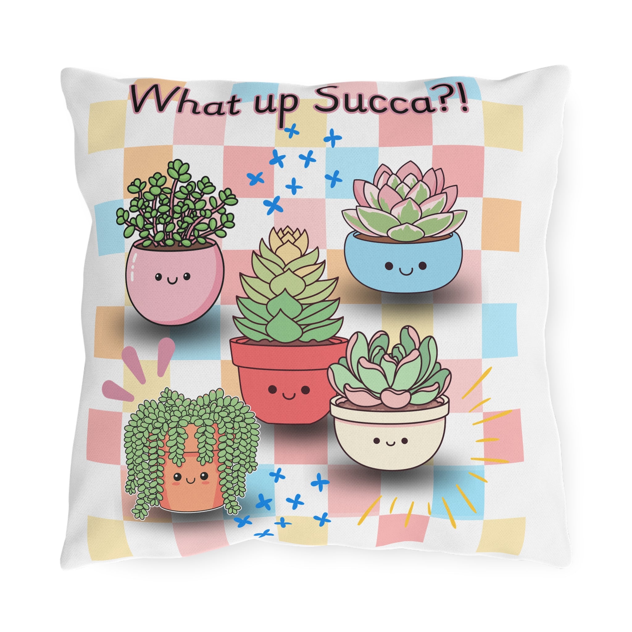 What Up Succa?! Outdoor Pillow – Cute Kawaii Succulent Garden Throw Cushion