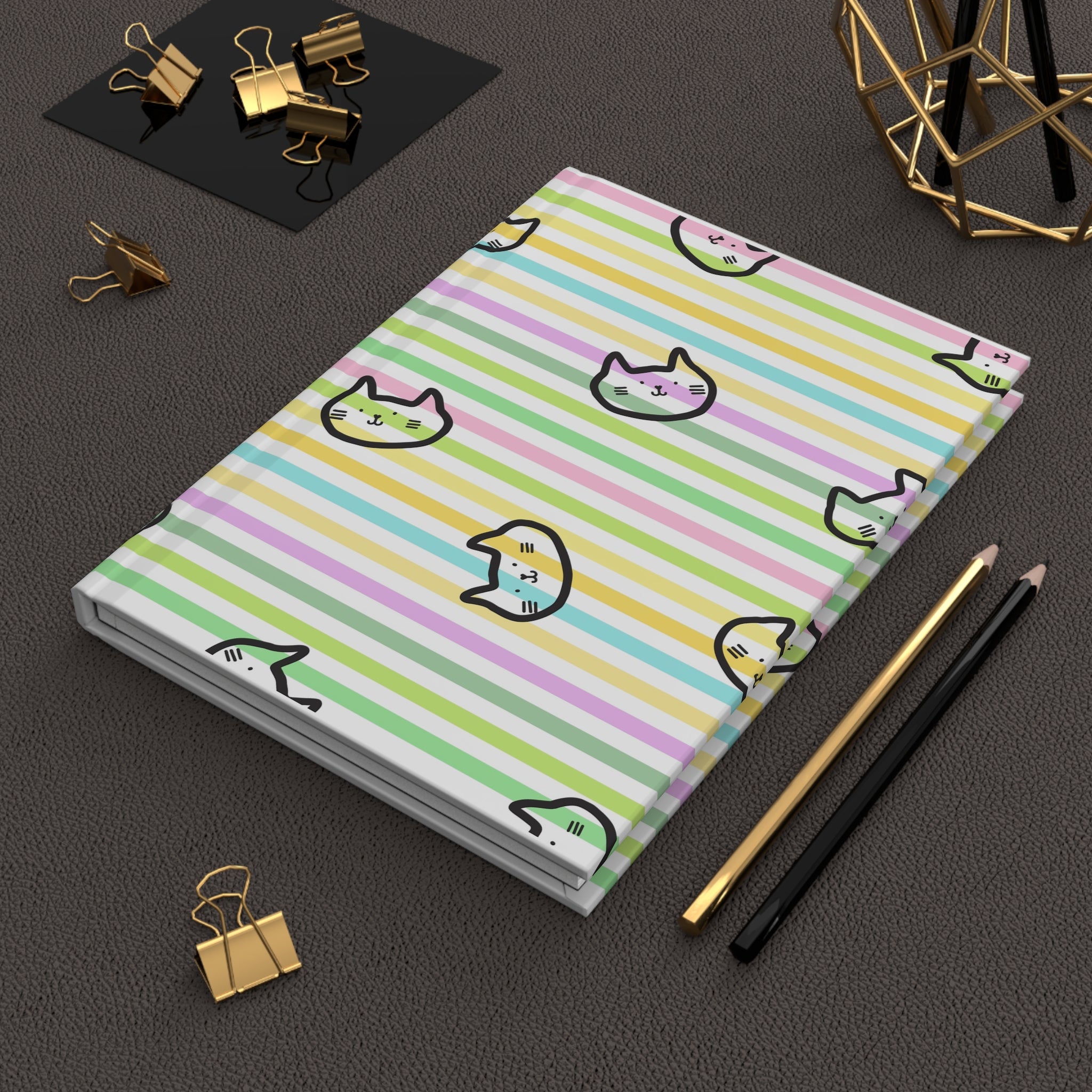 Pastel Stripe Cat Hardcover Journal — Cute Kawaii Notebook for Notes & Journaling