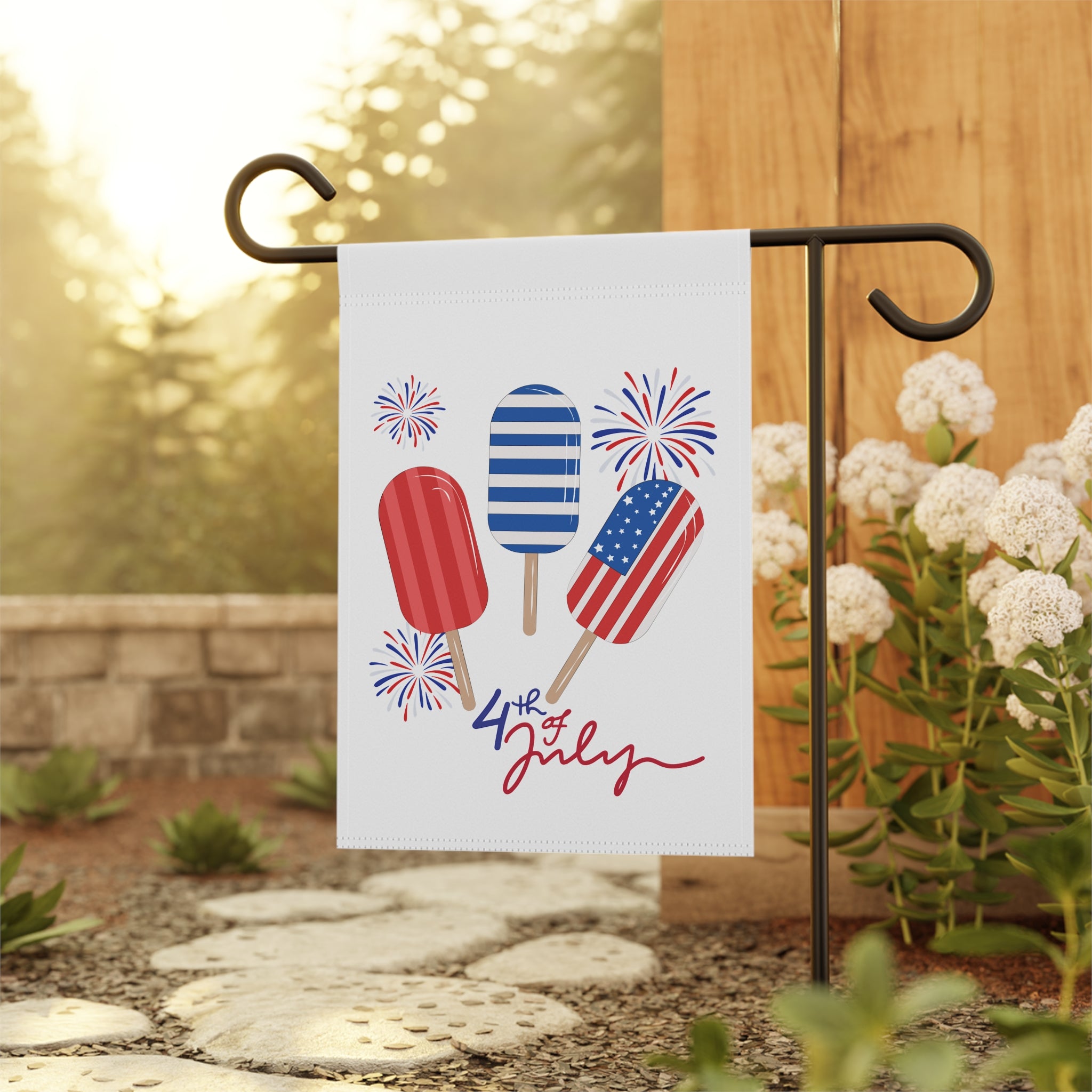 4th of July Popsicle Garden Flag — Patriotic House Banner with Fireworks