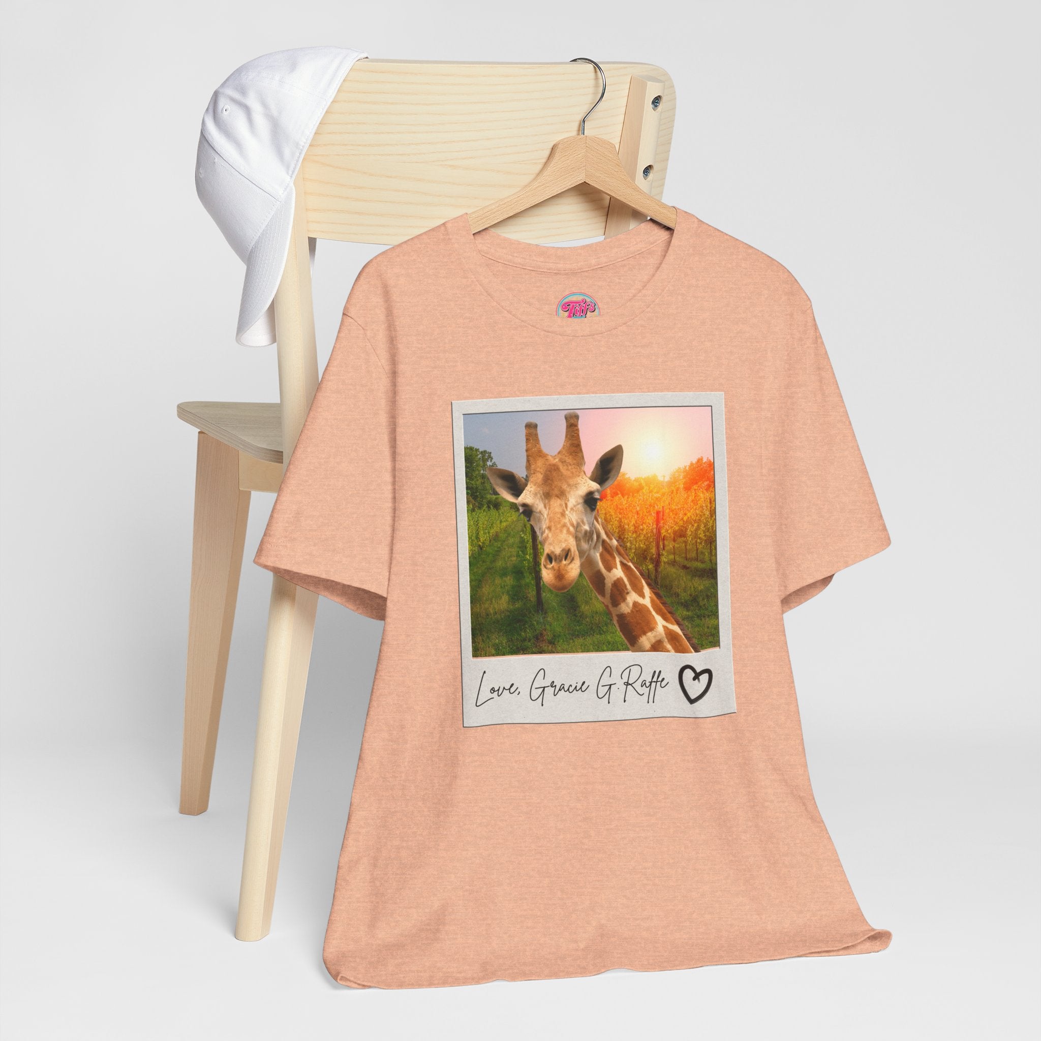 Giraffe Polaroid Photo Tee — "Love, Gracie G.Raffe" Graphic T-Shirt