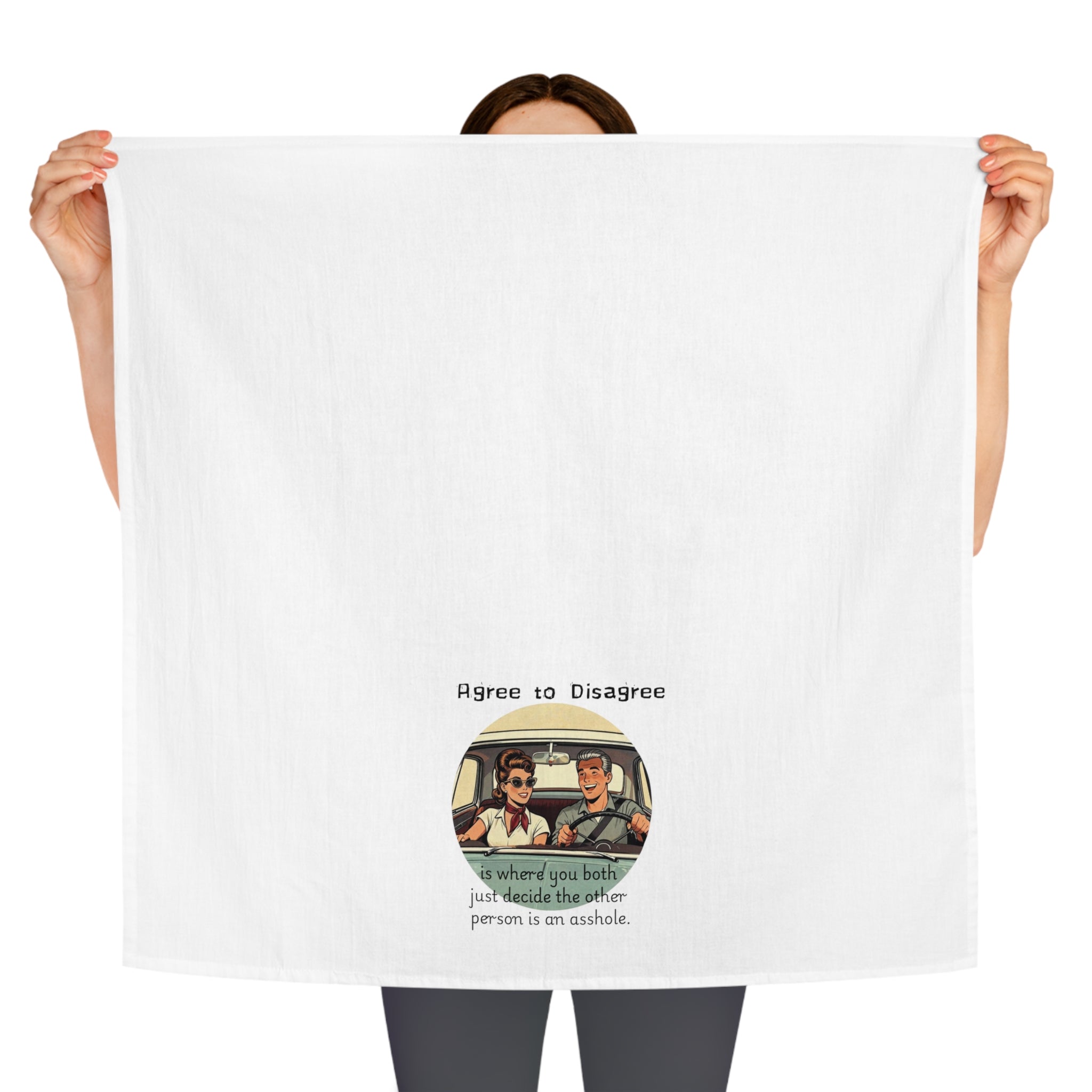 Tea Towel — "Agree to Disagree" Retro Couple Kitchen Towel (Humorous Car Ride Quote)