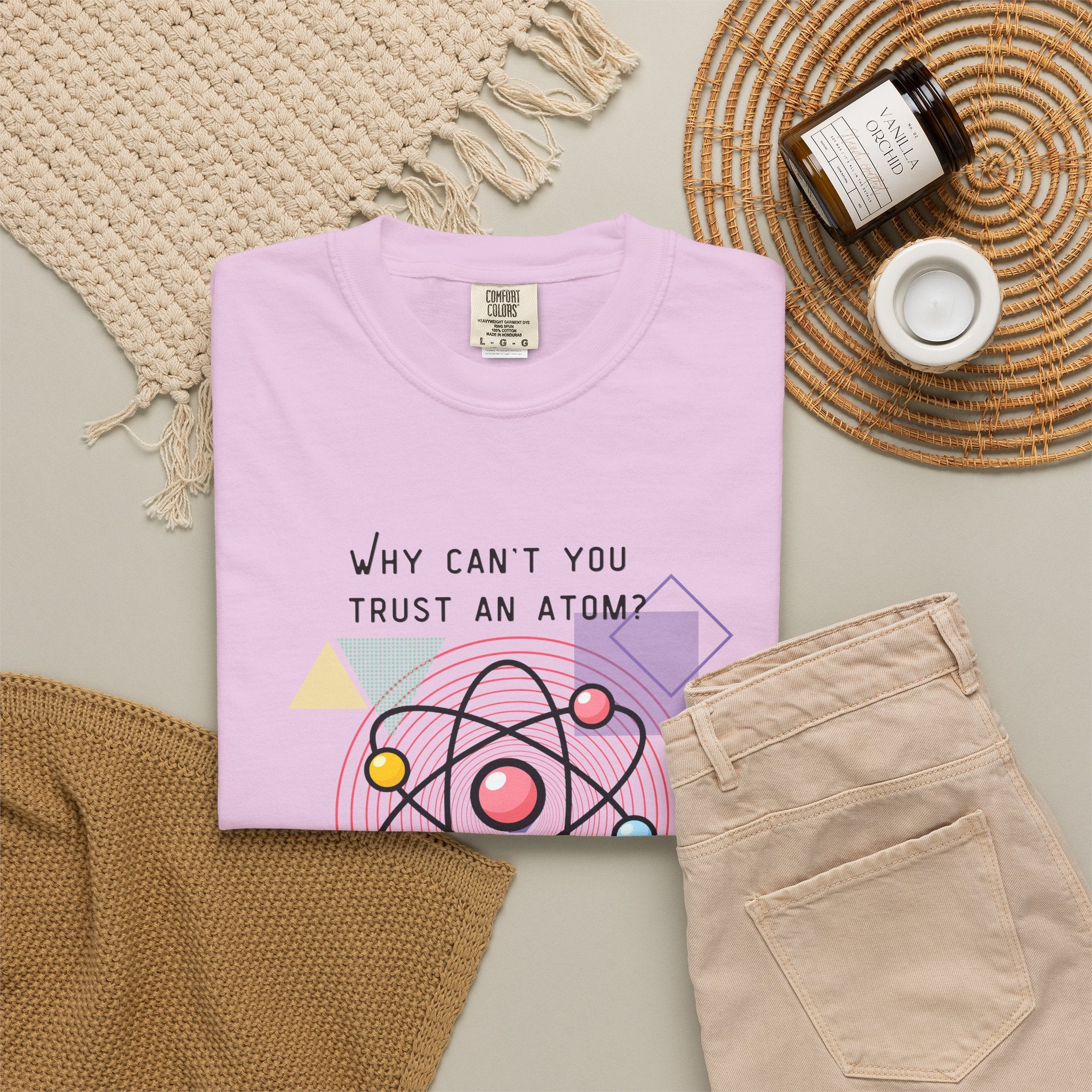 Science Pun T-Shirt — “Why Can’t You Trust an Atom? Because They Make Up Everything” Graphic  Dad Joke Tee