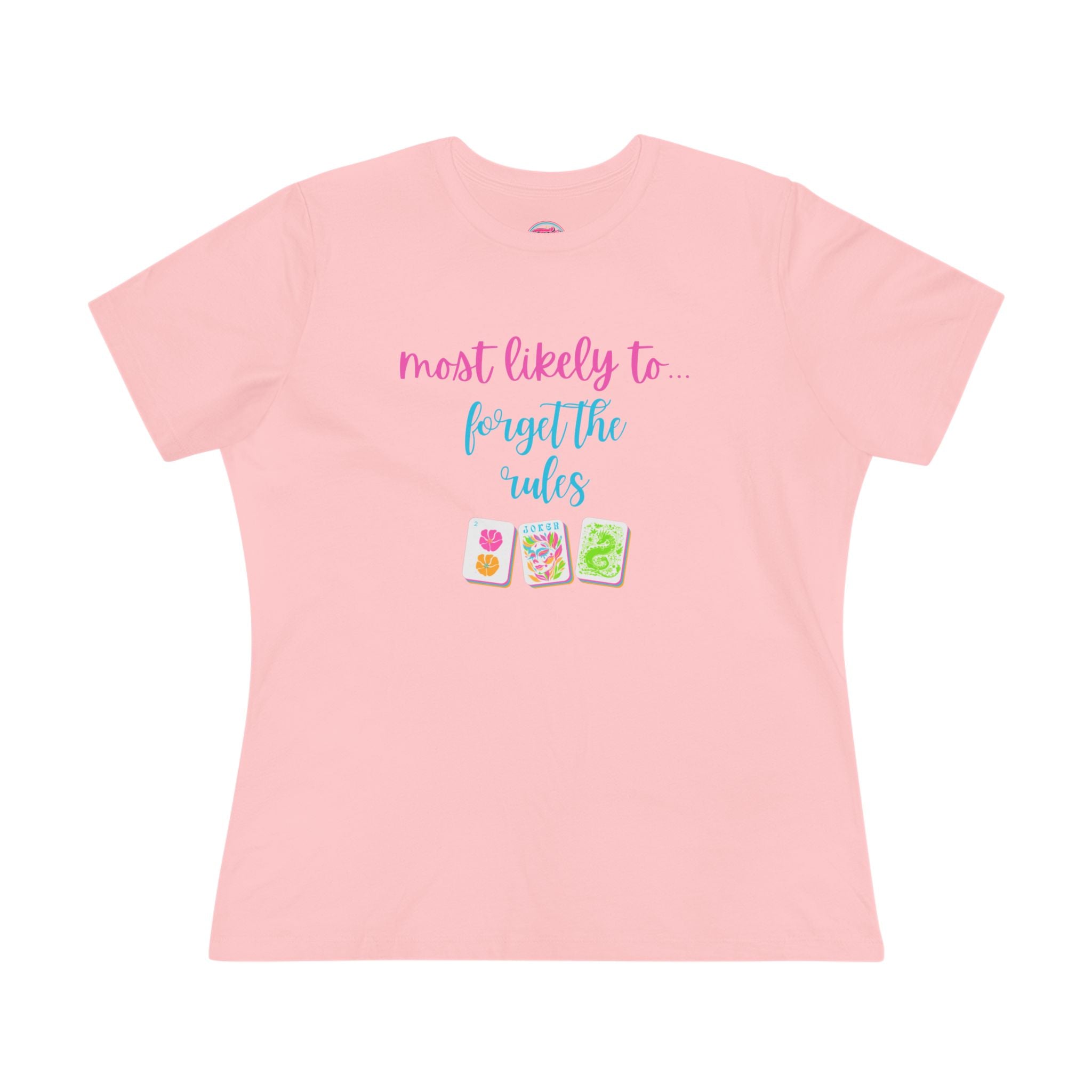 Mahjong Women's Tee — "Most Likely to Forget the Rules" Colorful Mahjong Tile Graphic