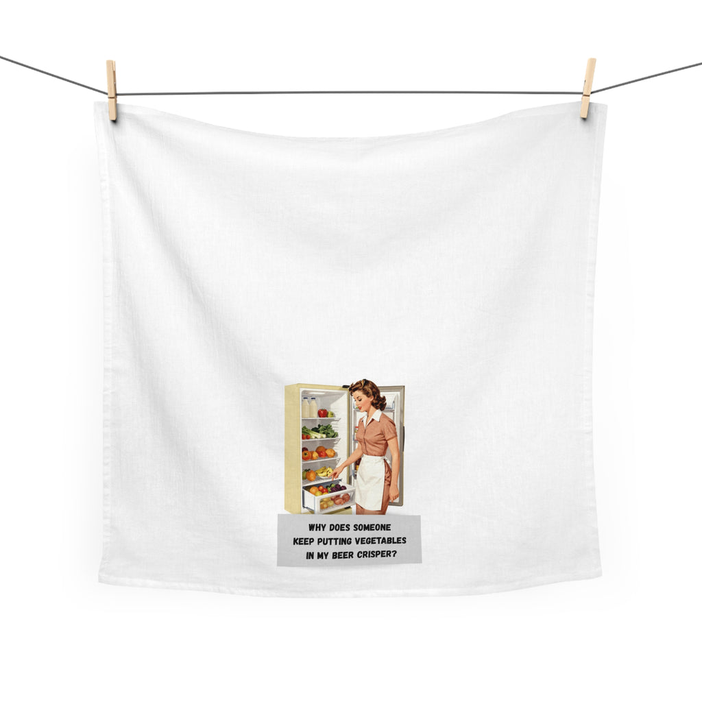 Retro Kitchen Tea Towel — "Why Does Someone Keep Putting Vegetables in My Beer Crisper?"