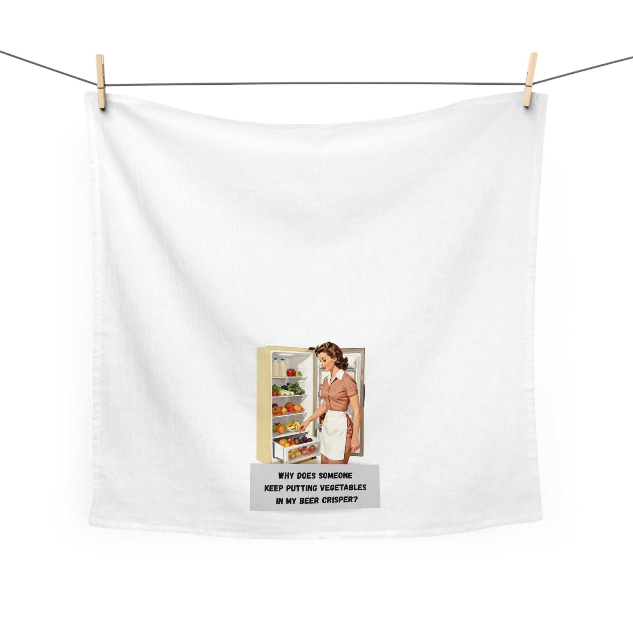 Retro Kitchen Tea Towel — "Why Does Someone Keep Putting Vegetables in My Beer Crisper?"