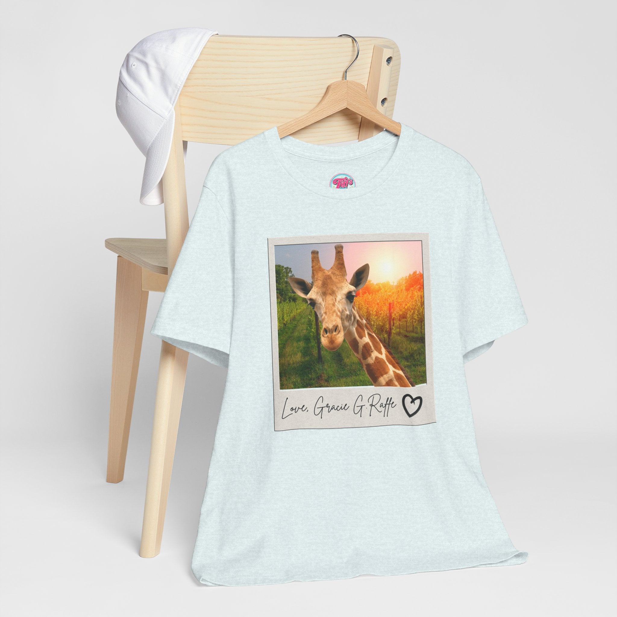 Giraffe Polaroid Photo Tee — "Love, Gracie G.Raffe" Graphic T-Shirt