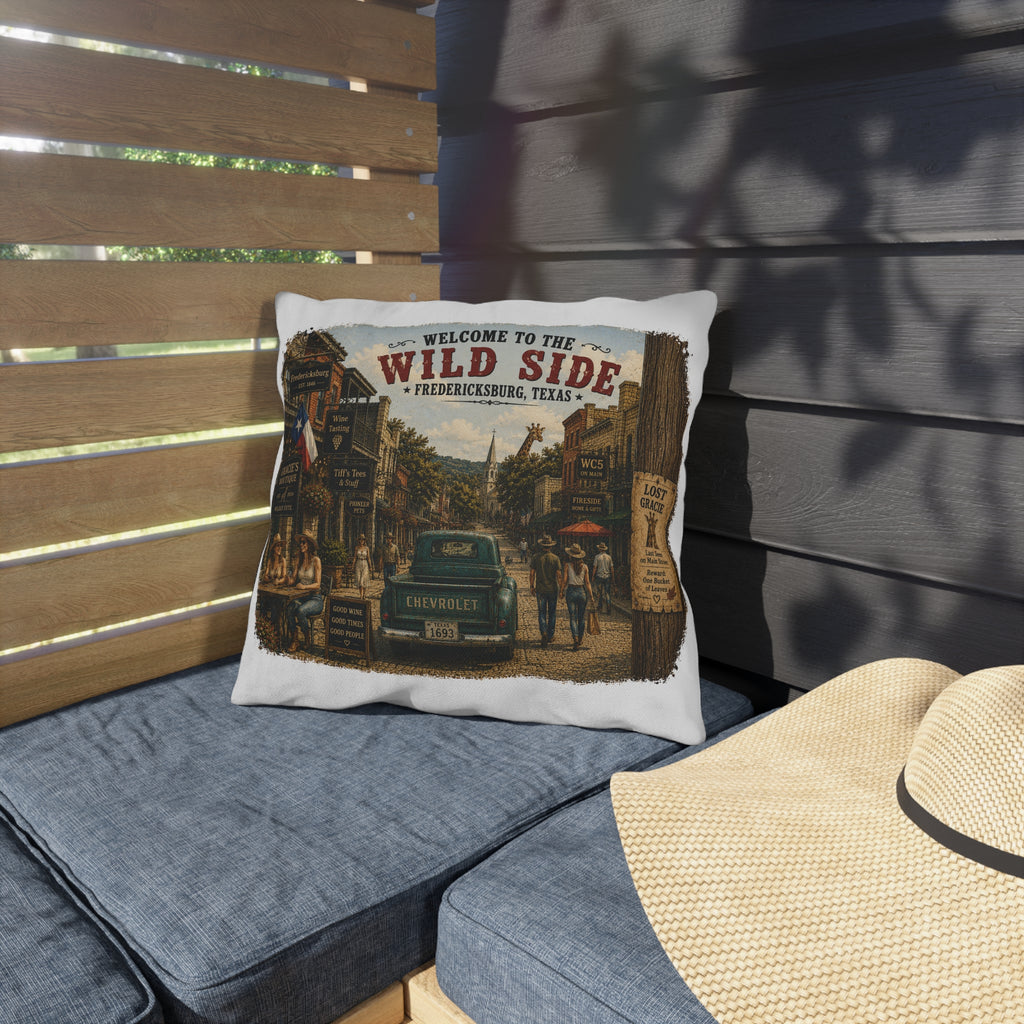 Welcome to the Wild Side Outdoor Pillow — Fredericksburg, Texas Vintage Street Scene