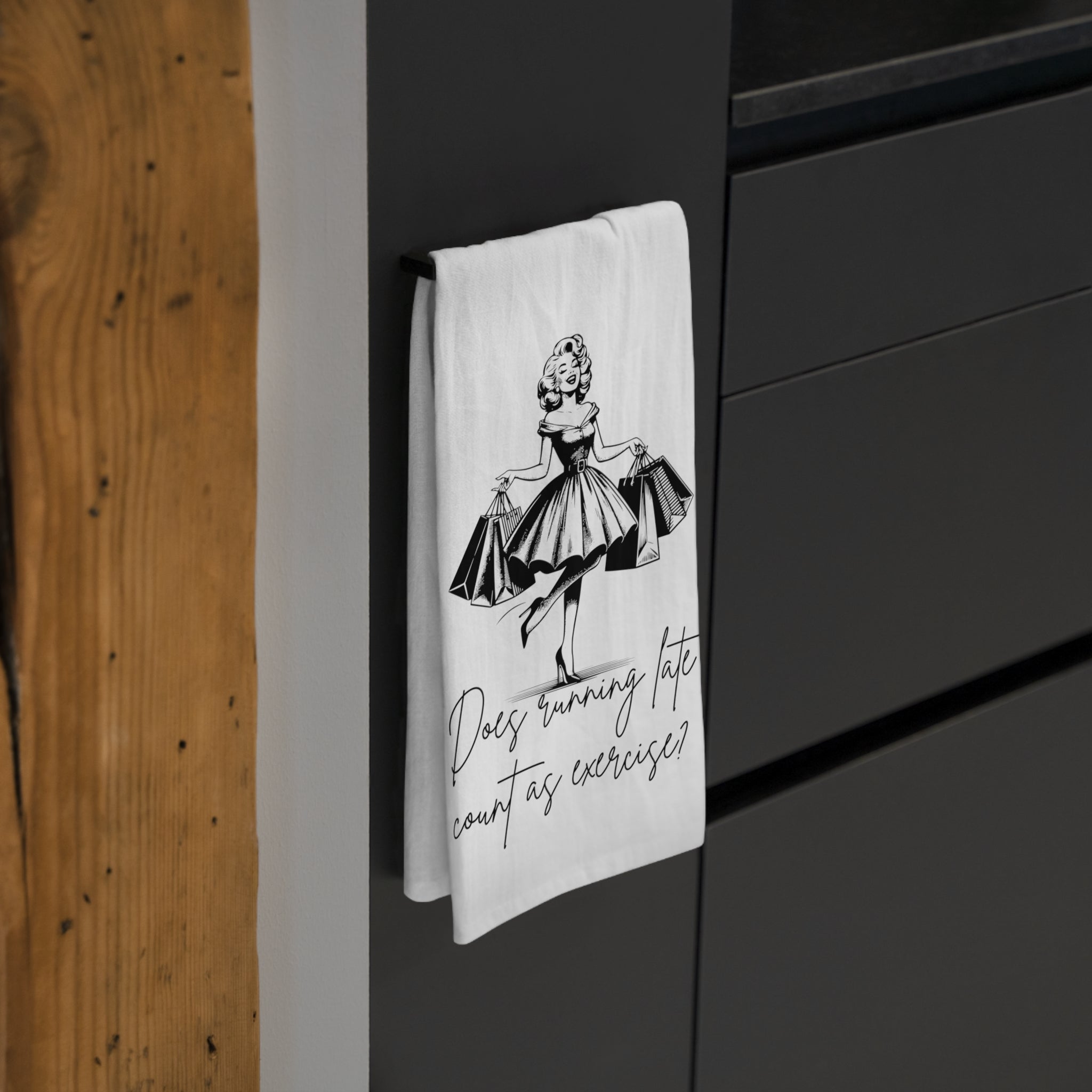 Tea Towel — Retro Dress Illustration with "Does running late count as exercise?" — Funny Kitchen Towel