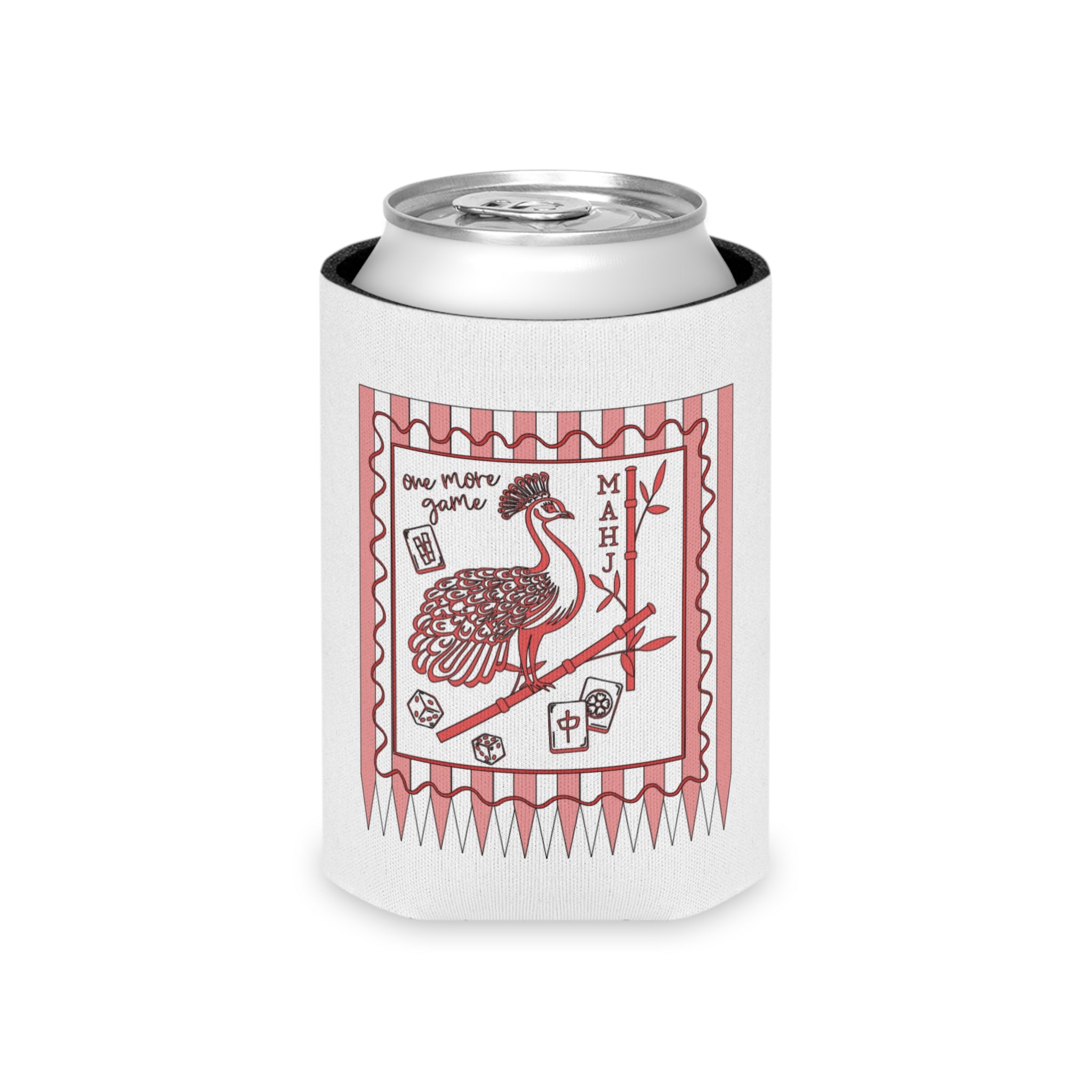 Mahjong Crane Can Cooler – Retro Red Game Night Drink Koozie