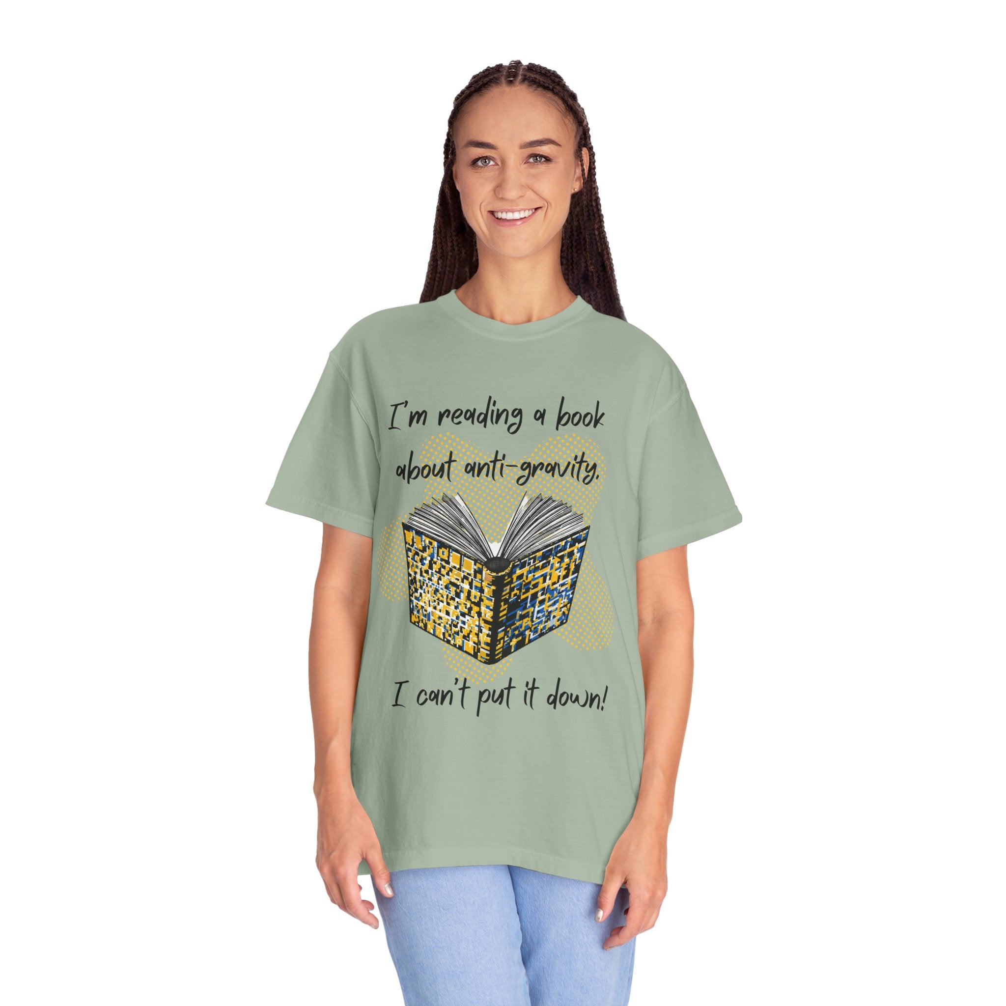 Funny Book Pun Dad Joke T-Shirt — "I’m reading a book about anti-gravity. I can’t put it down!" Novelty Book Lover Tee - Dad Jokes
