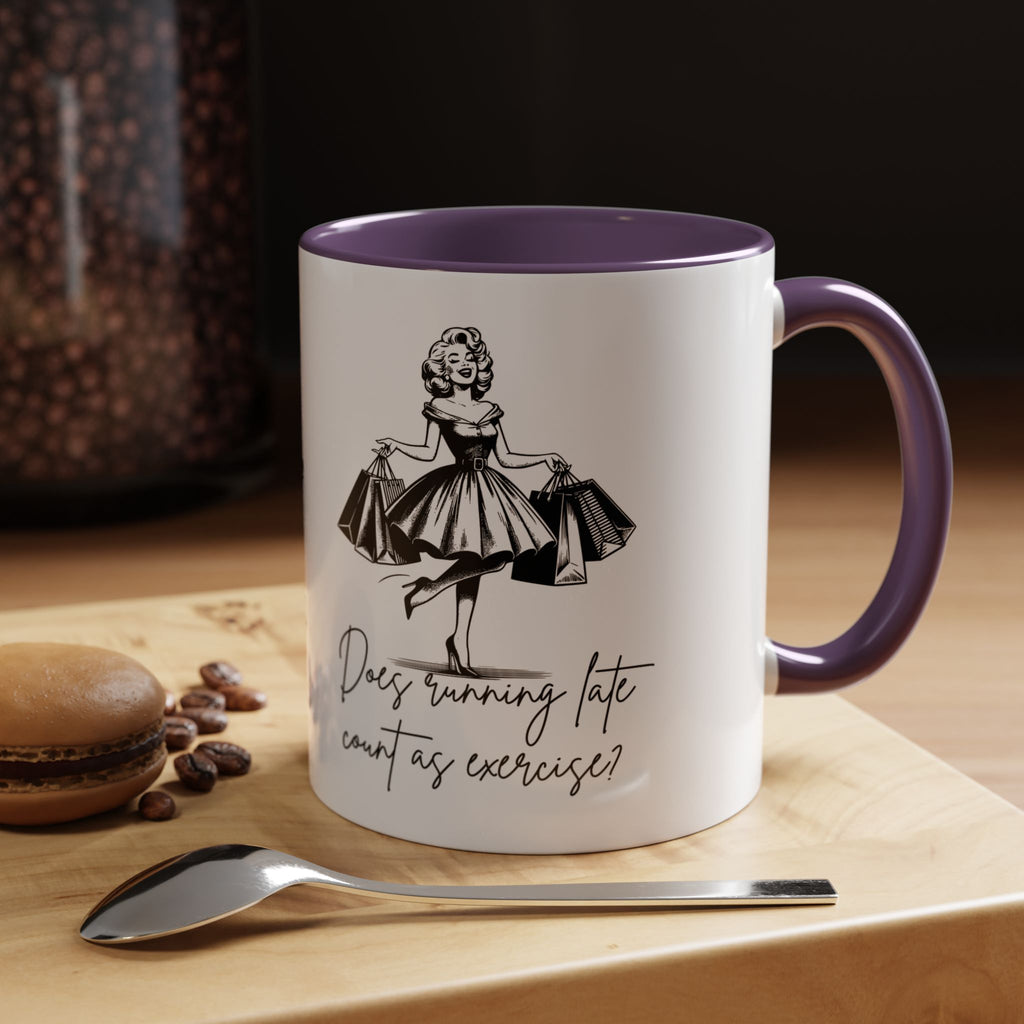 Does Running Late Count As Exercise? Coffee Mug — Retro Shopping Lady Accent Mug