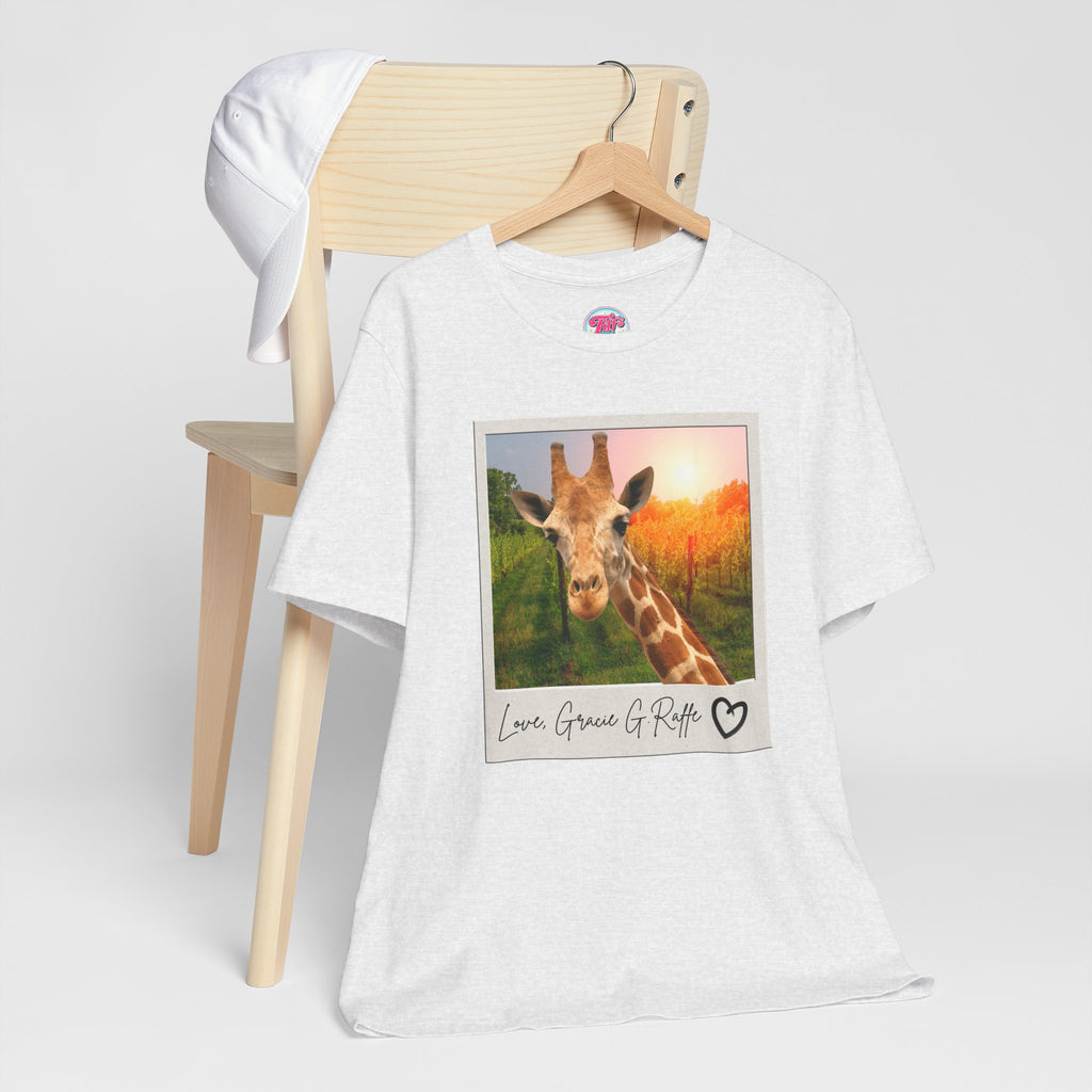 Giraffe Polaroid Photo Tee — "Love, Gracie G.Raffe" Graphic T-Shirt