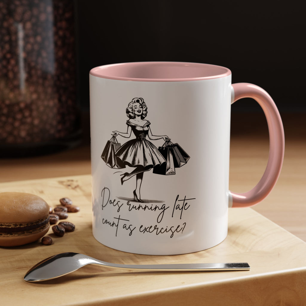 Does Running Late Count As Exercise? Coffee Mug — Retro Shopping Lady Accent Mug