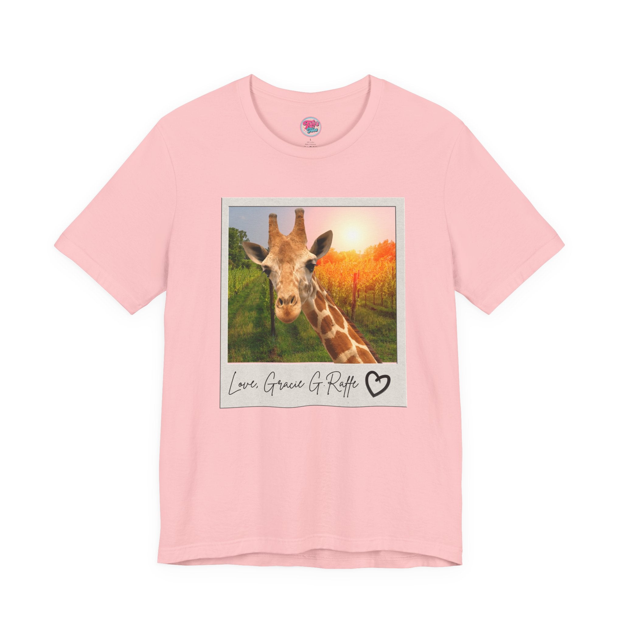 Giraffe Polaroid Photo Tee — "Love, Gracie G.Raffe" Graphic T-Shirt