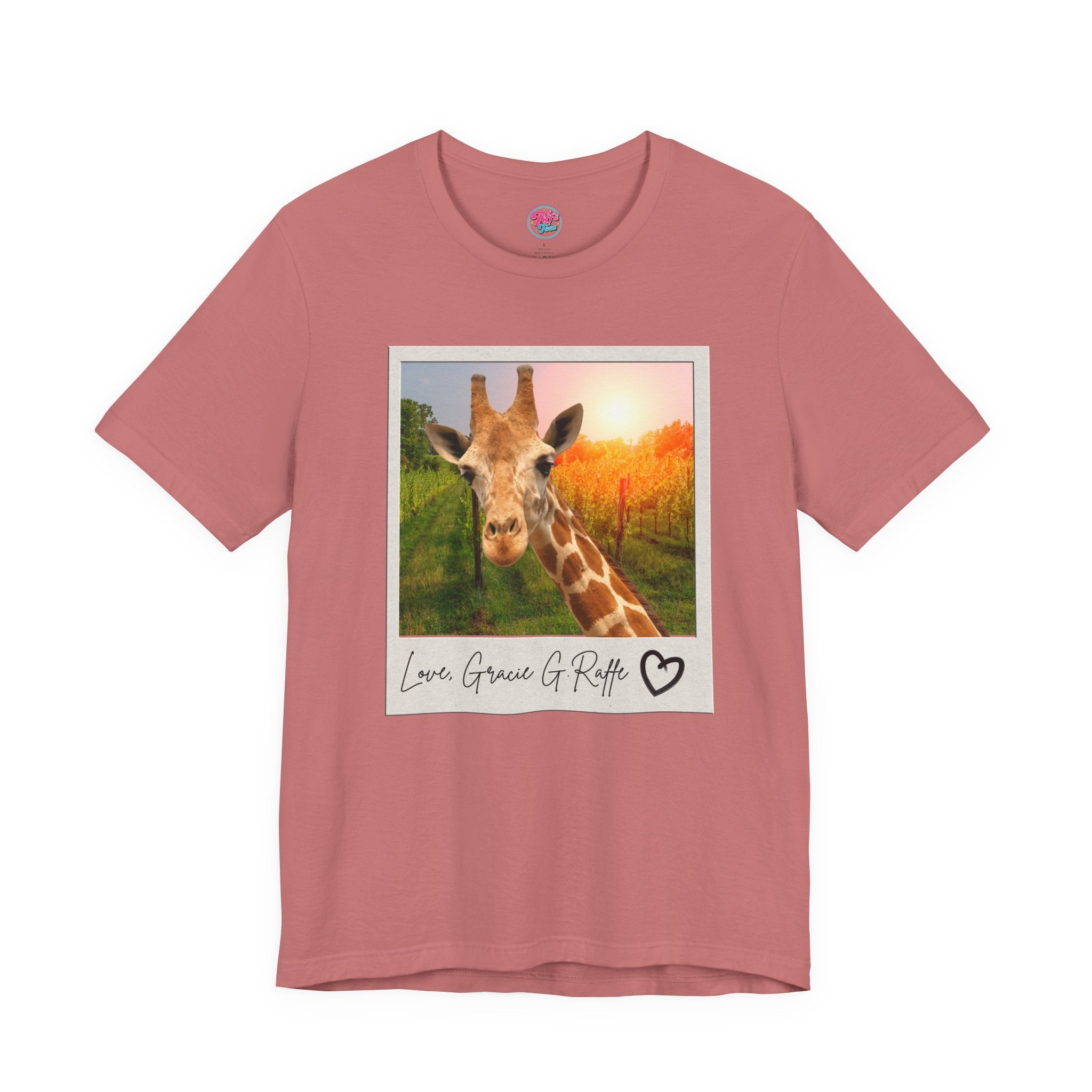 Giraffe Polaroid Photo Tee — "Love, Gracie G.Raffe" Graphic T-Shirt