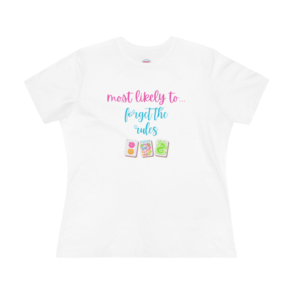 Mahjong Women's Tee — "Most Likely to Forget the Rules" Colorful Mahjong Tile Graphic