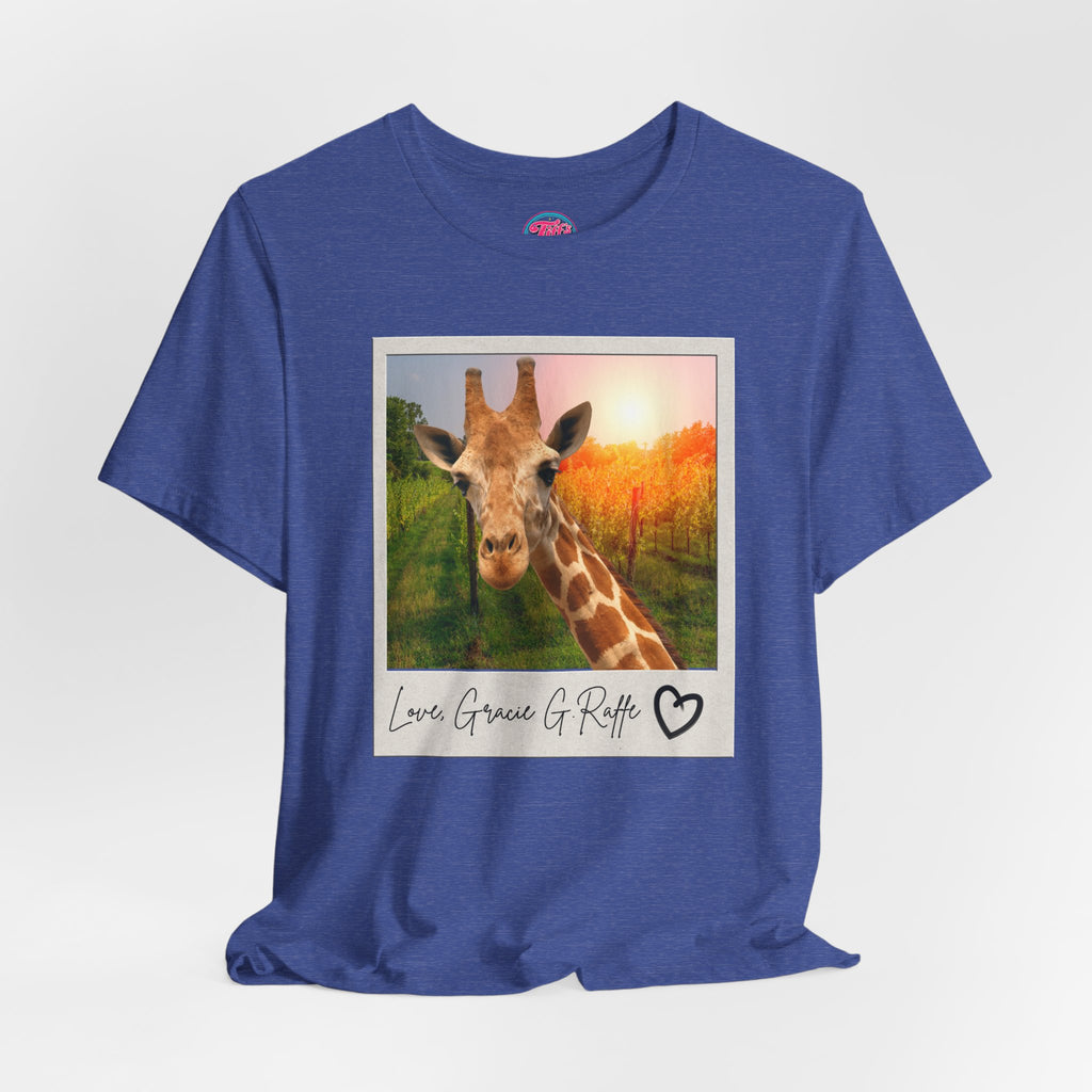 Giraffe Polaroid Photo Tee — "Love, Gracie G.Raffe" Graphic T-Shirt