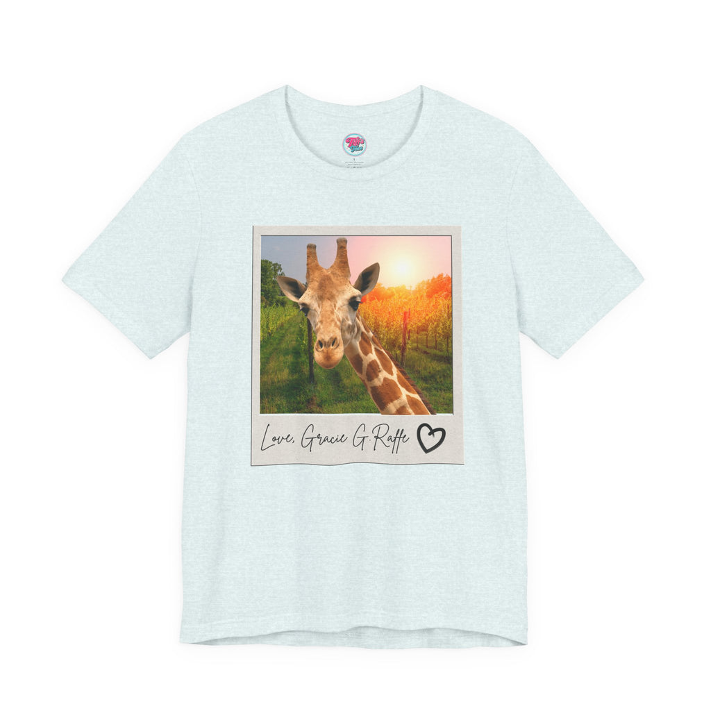 Giraffe Polaroid Photo Tee — "Love, Gracie G.Raffe" Graphic T-Shirt