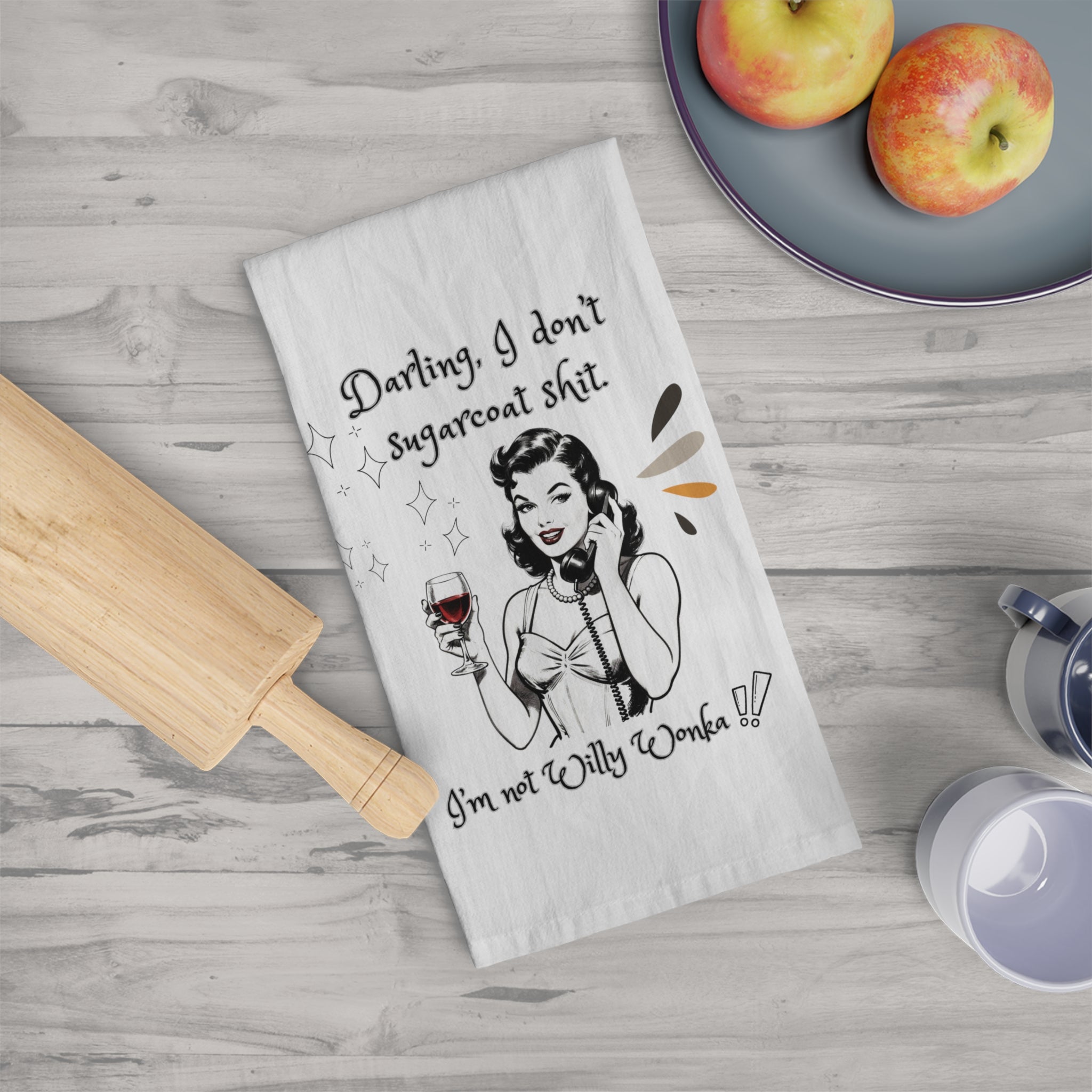 Tea Towel — Retro Wine Quote “Darling, I don’t sugarcoat s***” Kitchen Towel