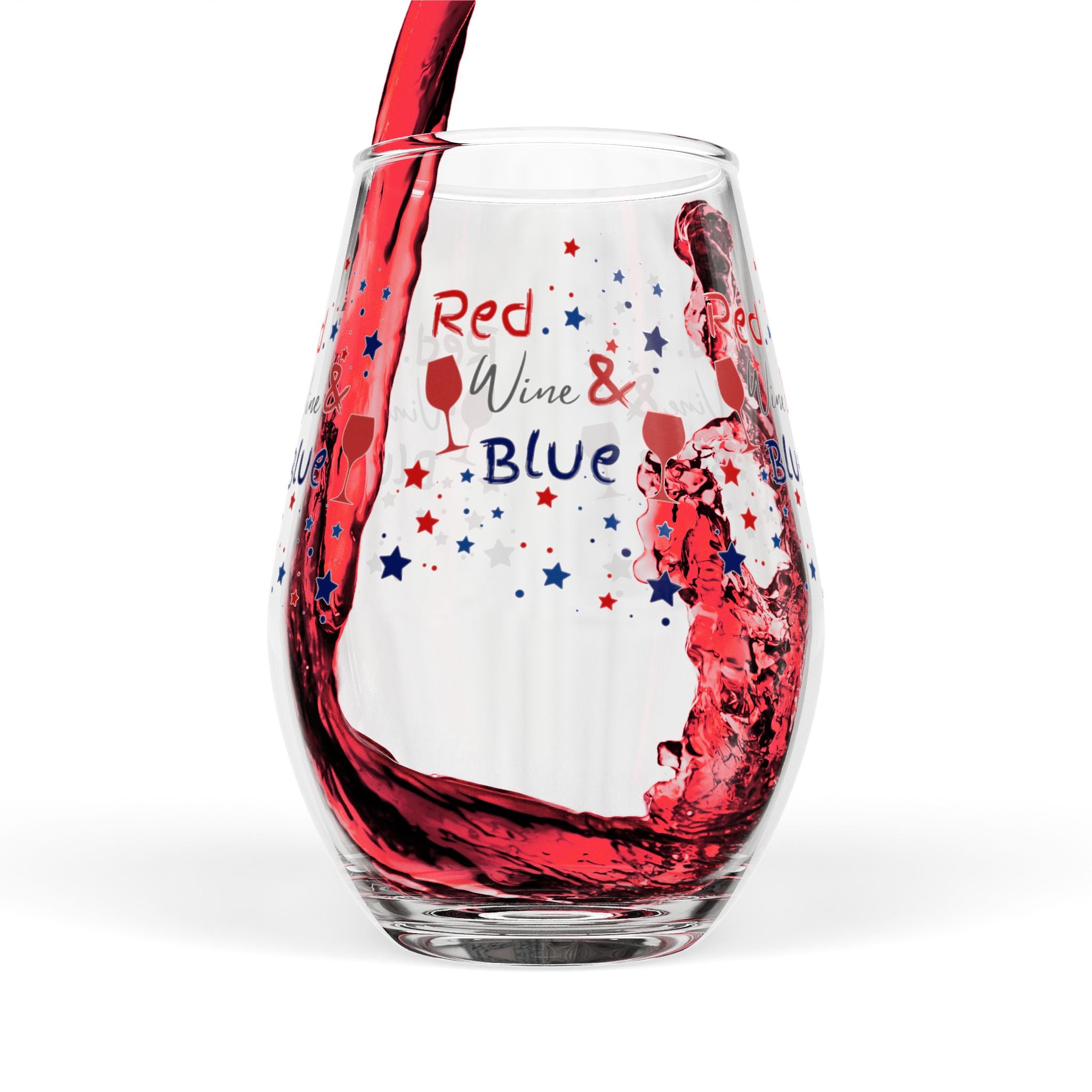 Stemless Wine Glass - "Red, Wine & Blue" Patriotic 4th of July Wine Glass