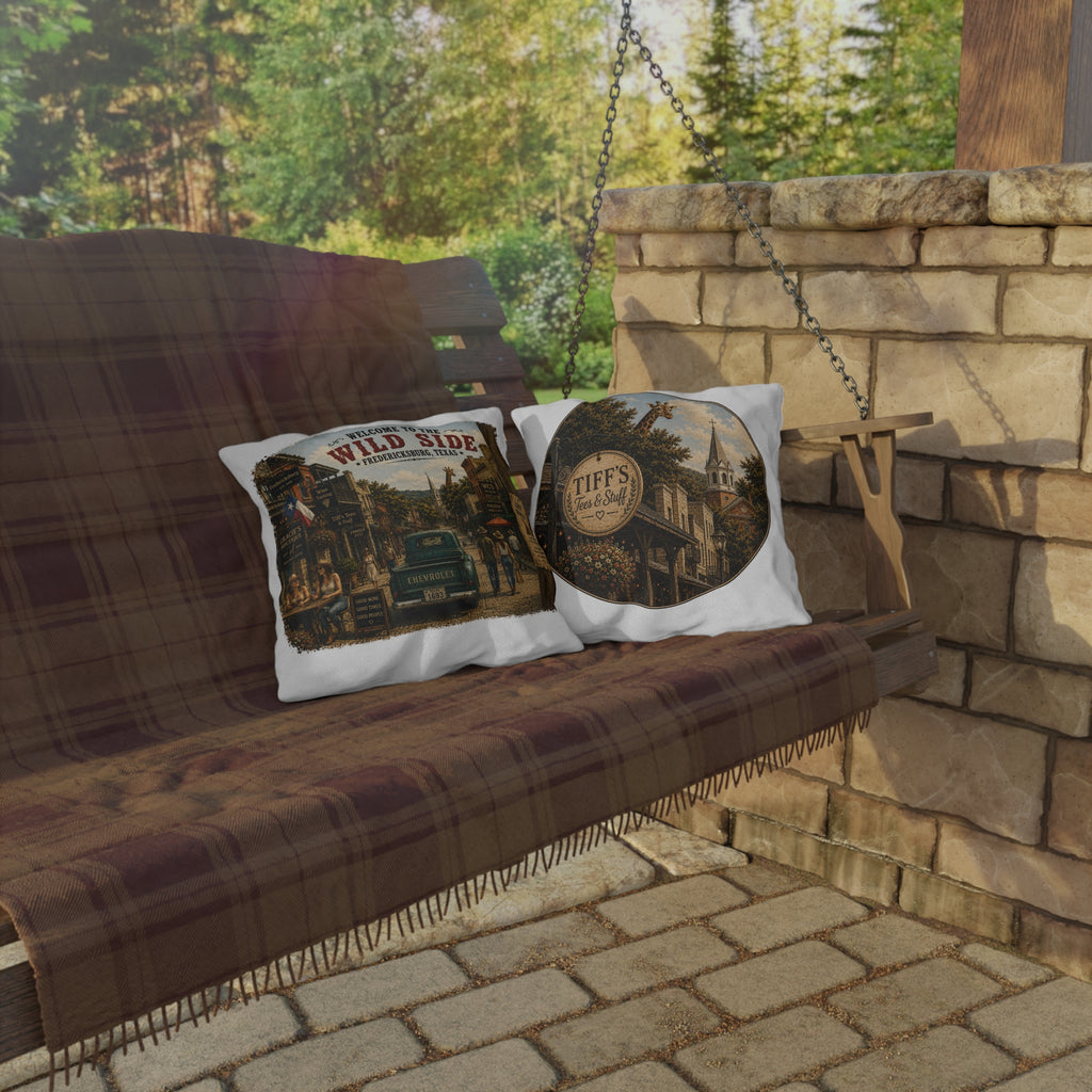 Welcome to the Wild Side Outdoor Pillow — Fredericksburg, Texas Vintage Street Scene