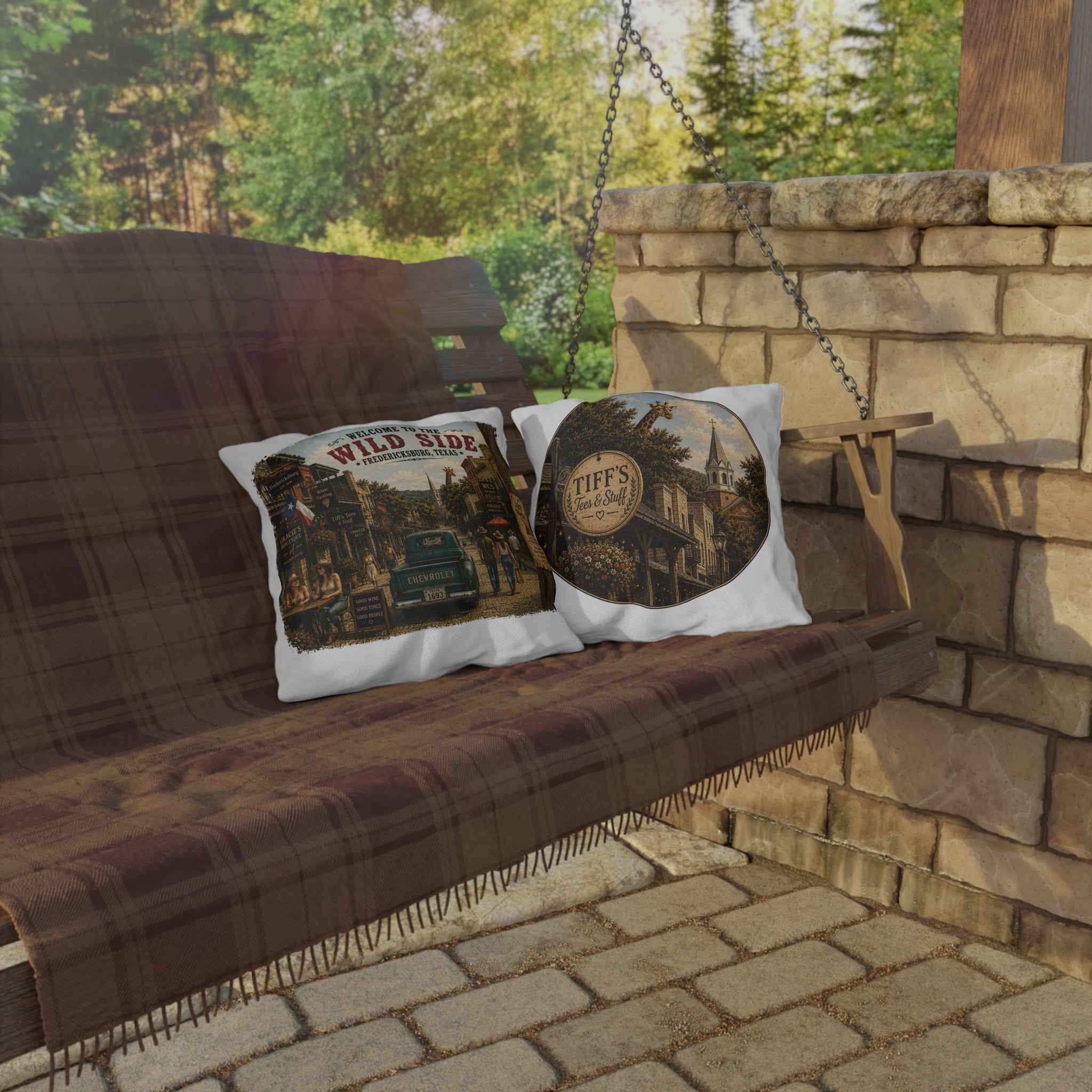 Welcome to the Wild Side Outdoor Pillow — Fredericksburg, Texas Vintage Street Scene