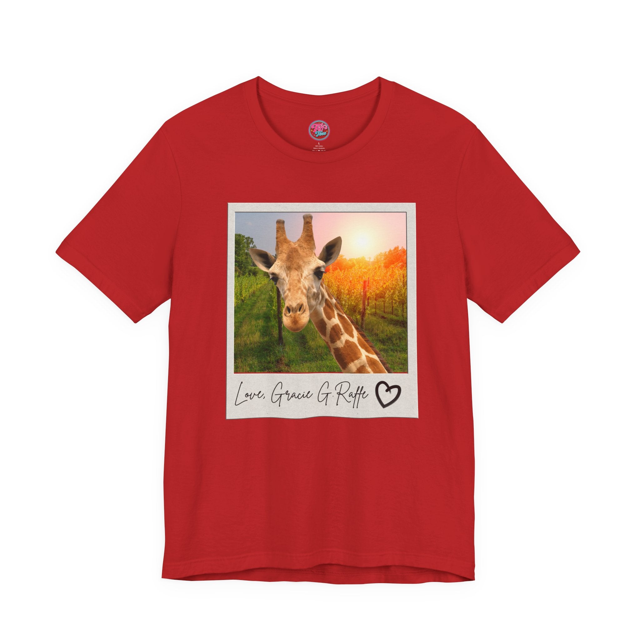 Giraffe Polaroid Photo Tee — "Love, Gracie G.Raffe" Graphic T-Shirt
