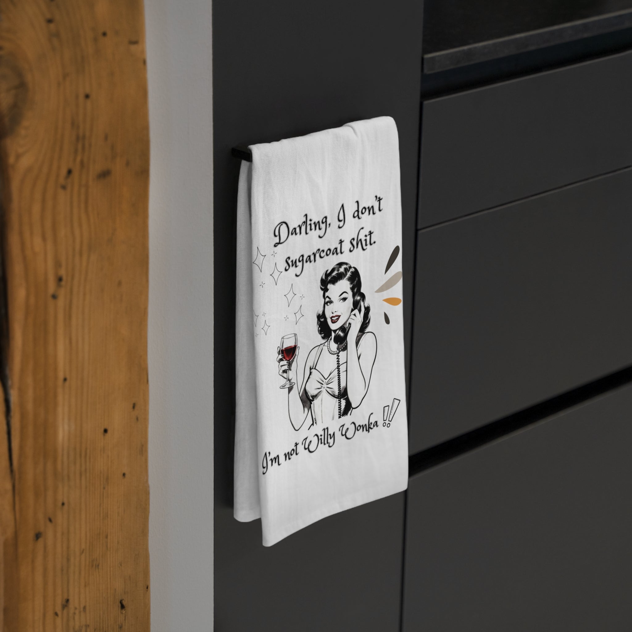 Tea Towel — Retro Wine Quote “Darling, I don’t sugarcoat s***” Kitchen Towel