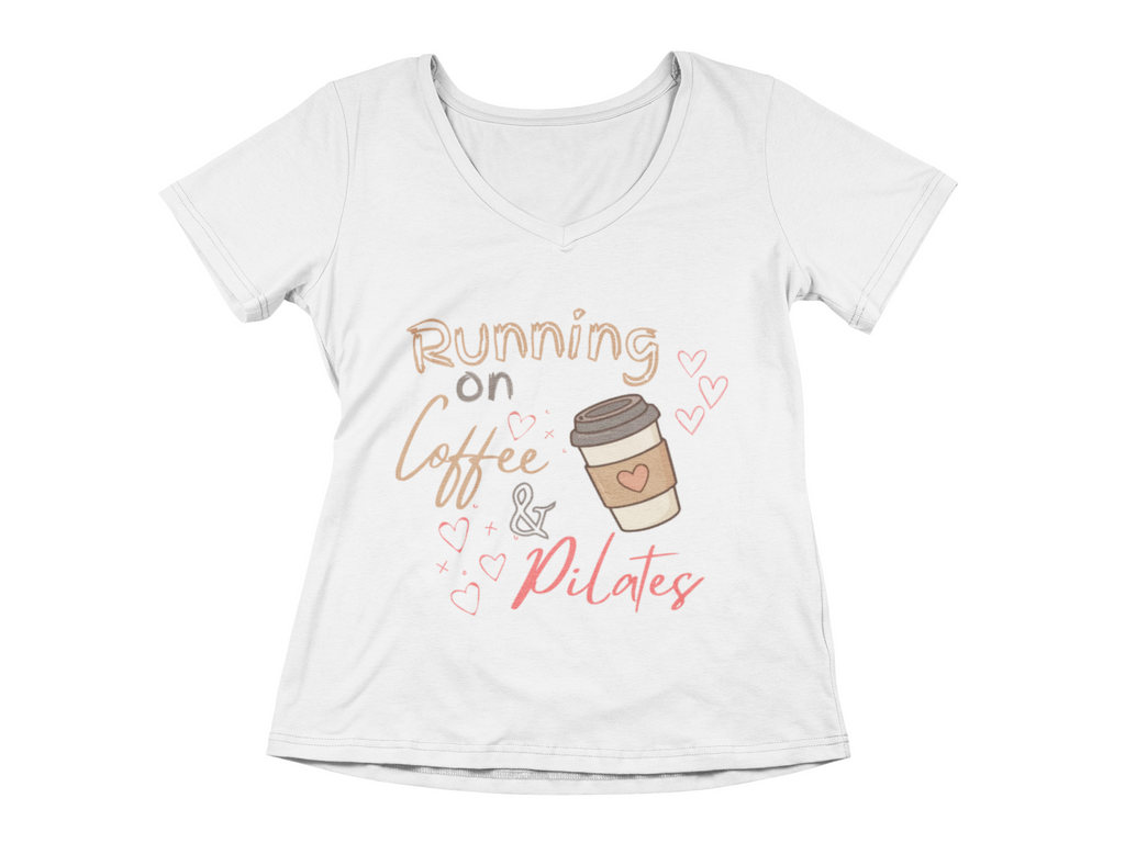 Running on Coffee & Pilates V-Neck Tee — Women's Active Pilates Shirt