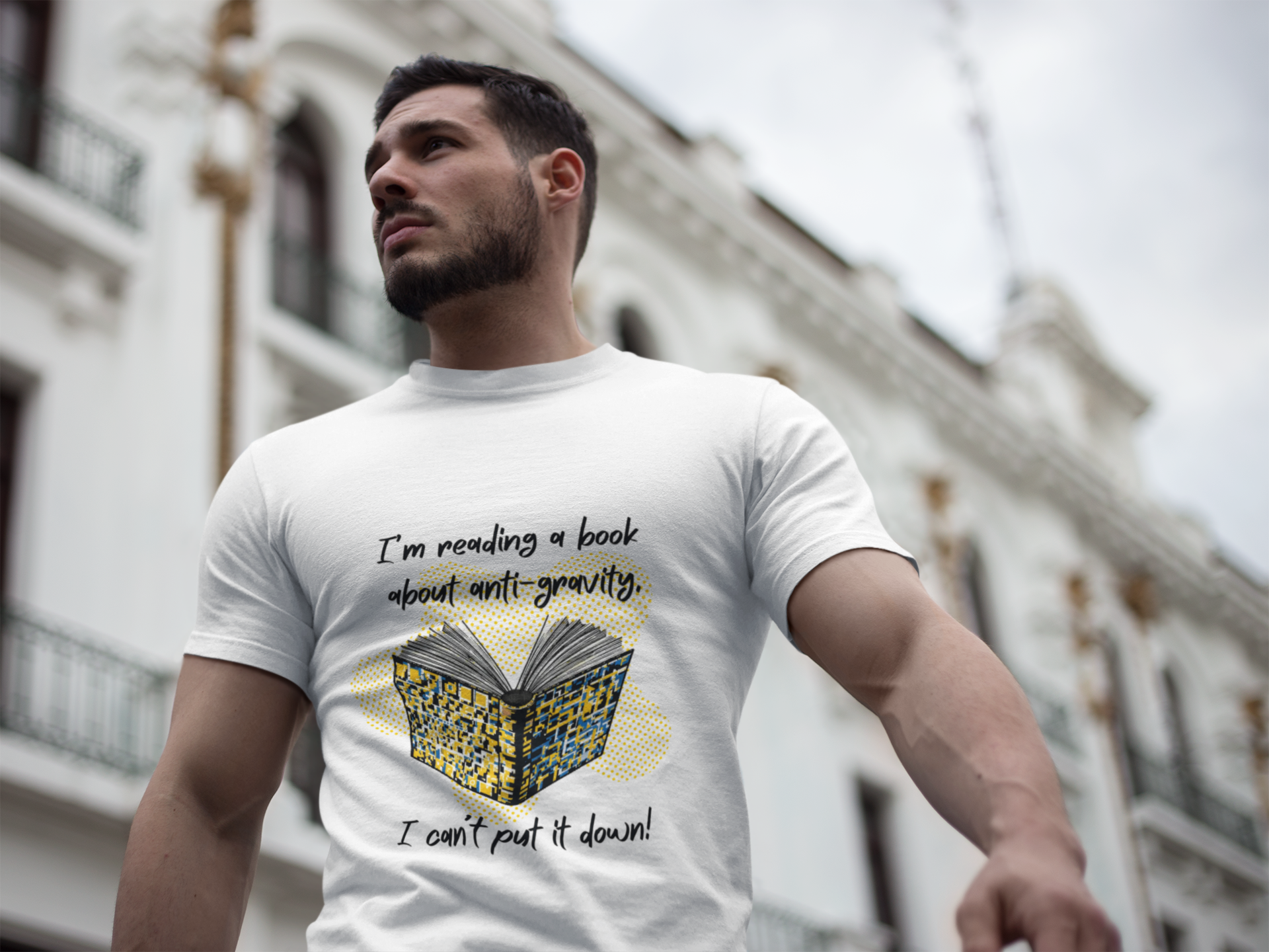 Funny Book Pun Dad Joke T-Shirt — "I’m reading a book about anti-gravity. I can’t put it down!" Novelty Book Lover Tee - Dad Jokes