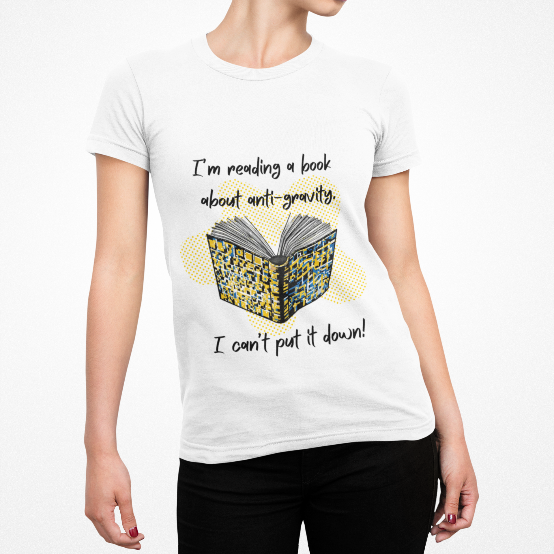 Funny Book Pun Dad Joke T-Shirt — "I’m reading a book about anti-gravity. I can’t put it down!" Novelty Book Lover Tee - Dad Jokes