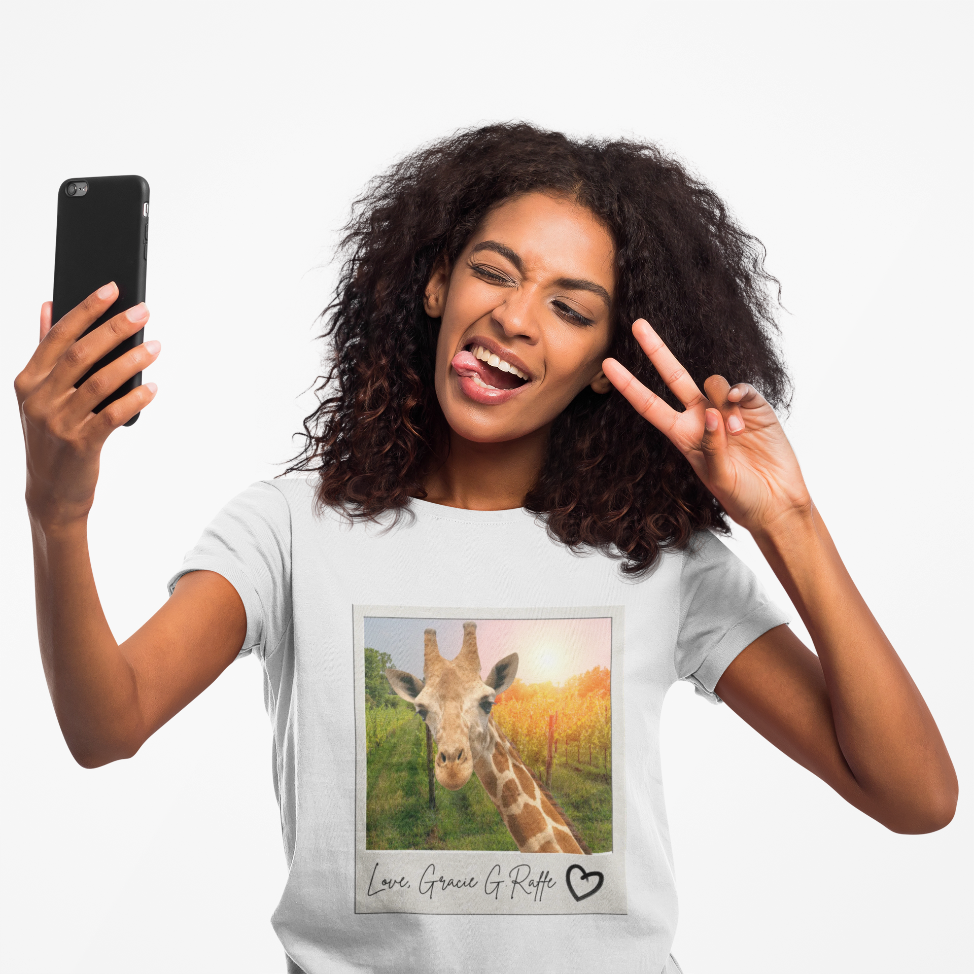 Giraffe Polaroid Photo Tee — "Love, Gracie G.Raffe" Graphic T-Shirt