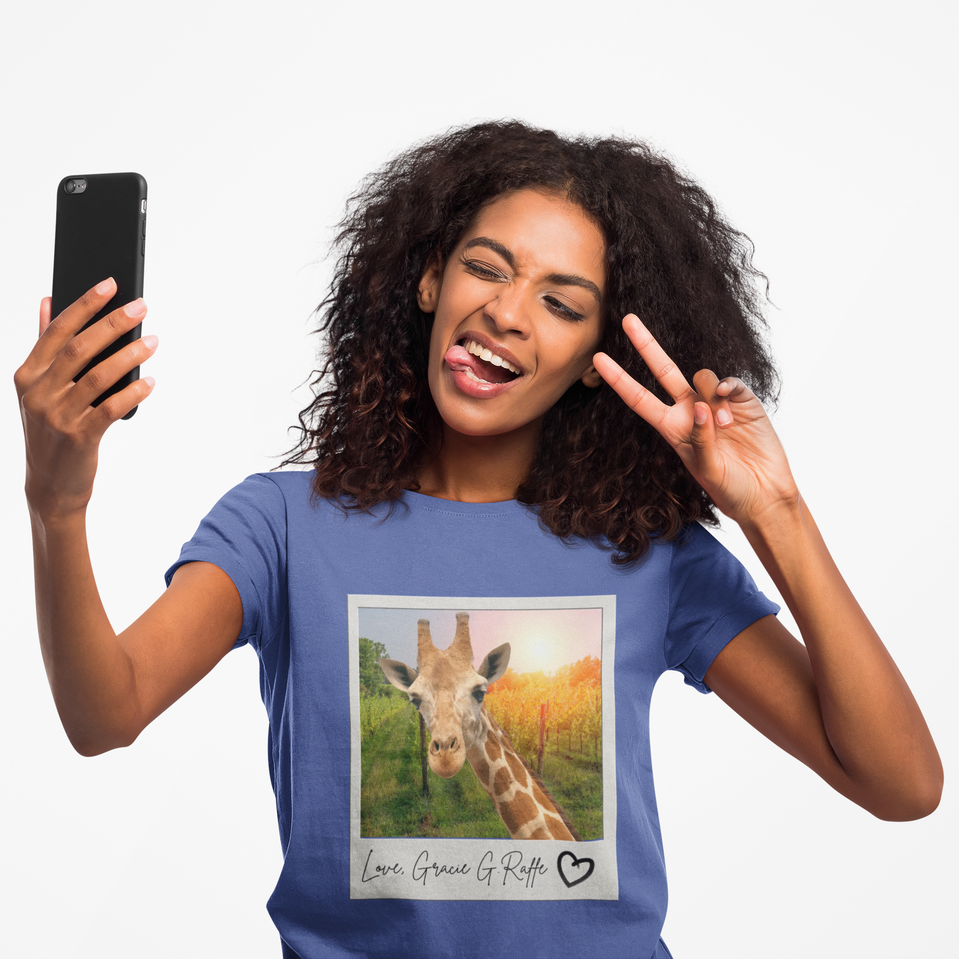 Giraffe Polaroid Photo Tee — "Love, Gracie G.Raffe" Graphic T-Shirt