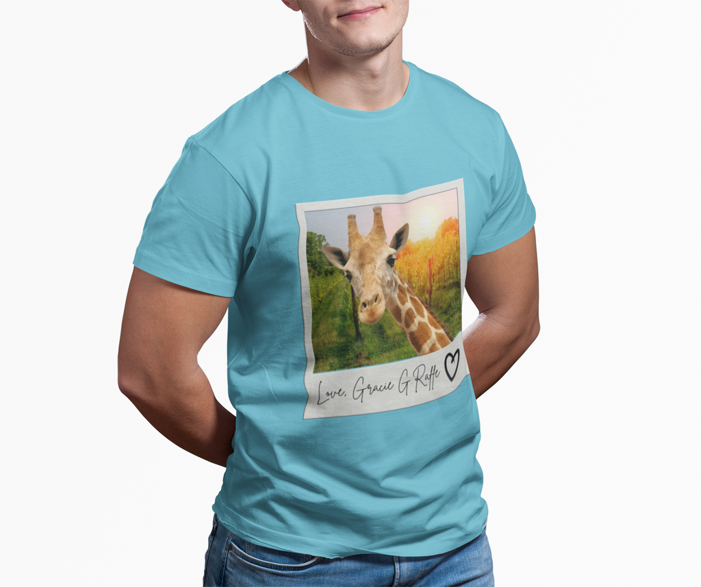 Giraffe Polaroid Photo Tee — "Love, Gracie G.Raffe" Graphic T-Shirt